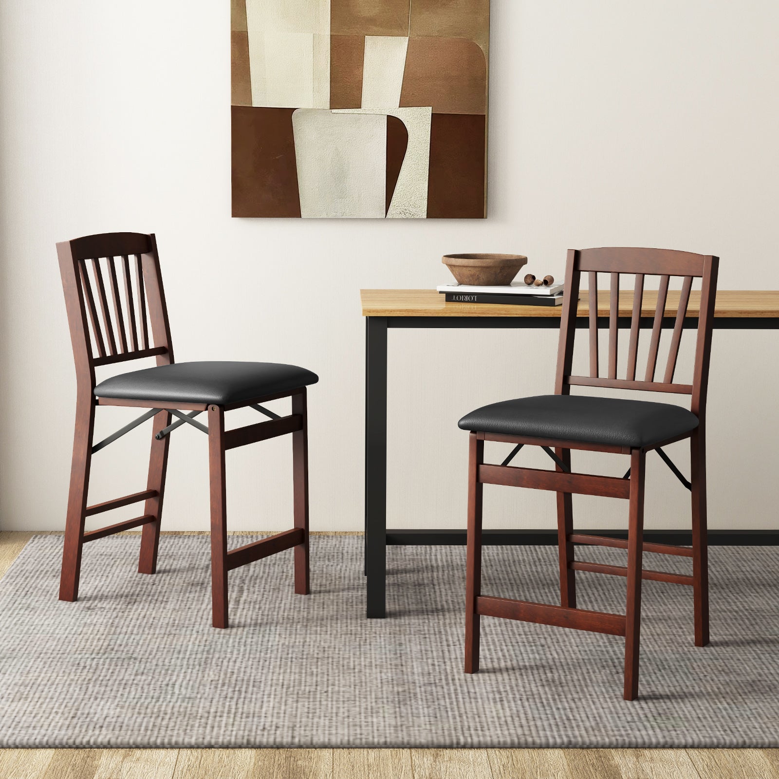 Set of 2 Counter Height Chairs Folding Kitchen Island Stool-Brown