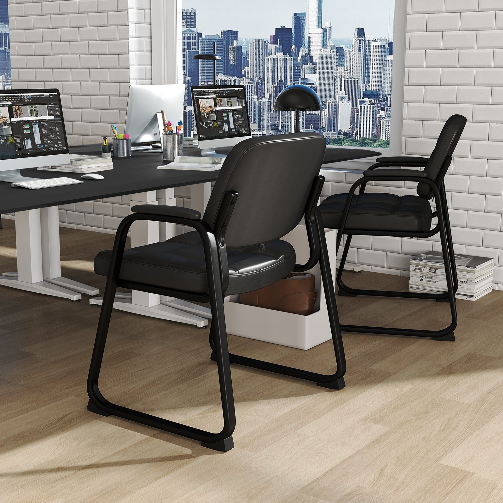 Set of 2 Ergonomic Reception Chair with Metal Frame and Padded Armrests-Black