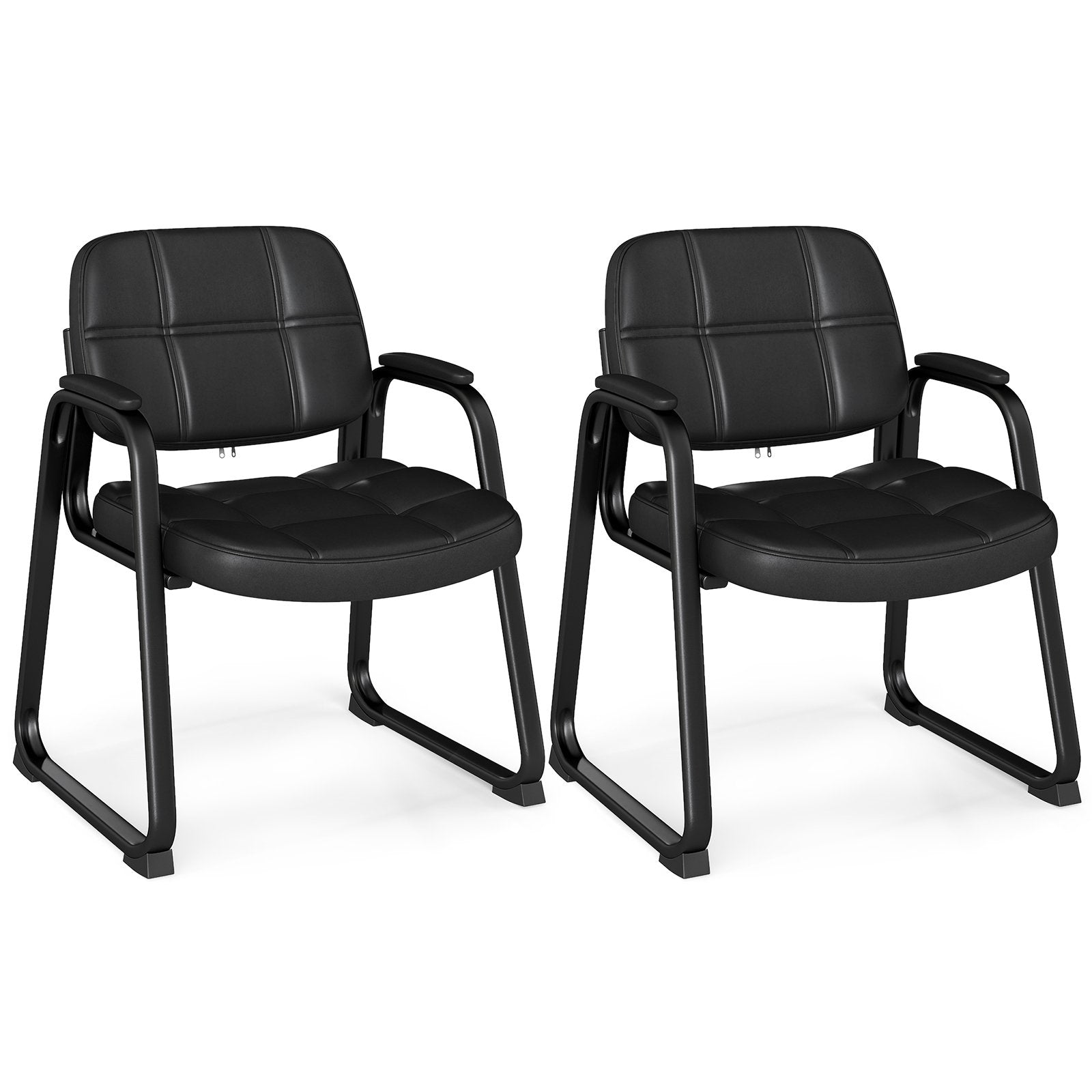Set of 2 Ergonomic Reception Chair with Metal Frame and Padded Armrests-Black