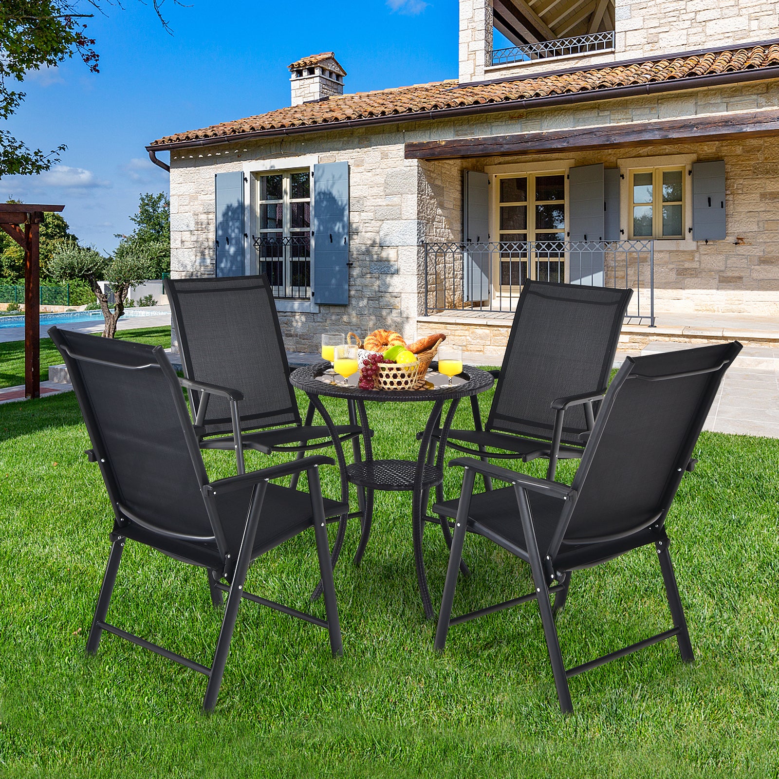 Set of 2 Folding Outdoor Dining Chairs with Ergonomic Armrests-Black