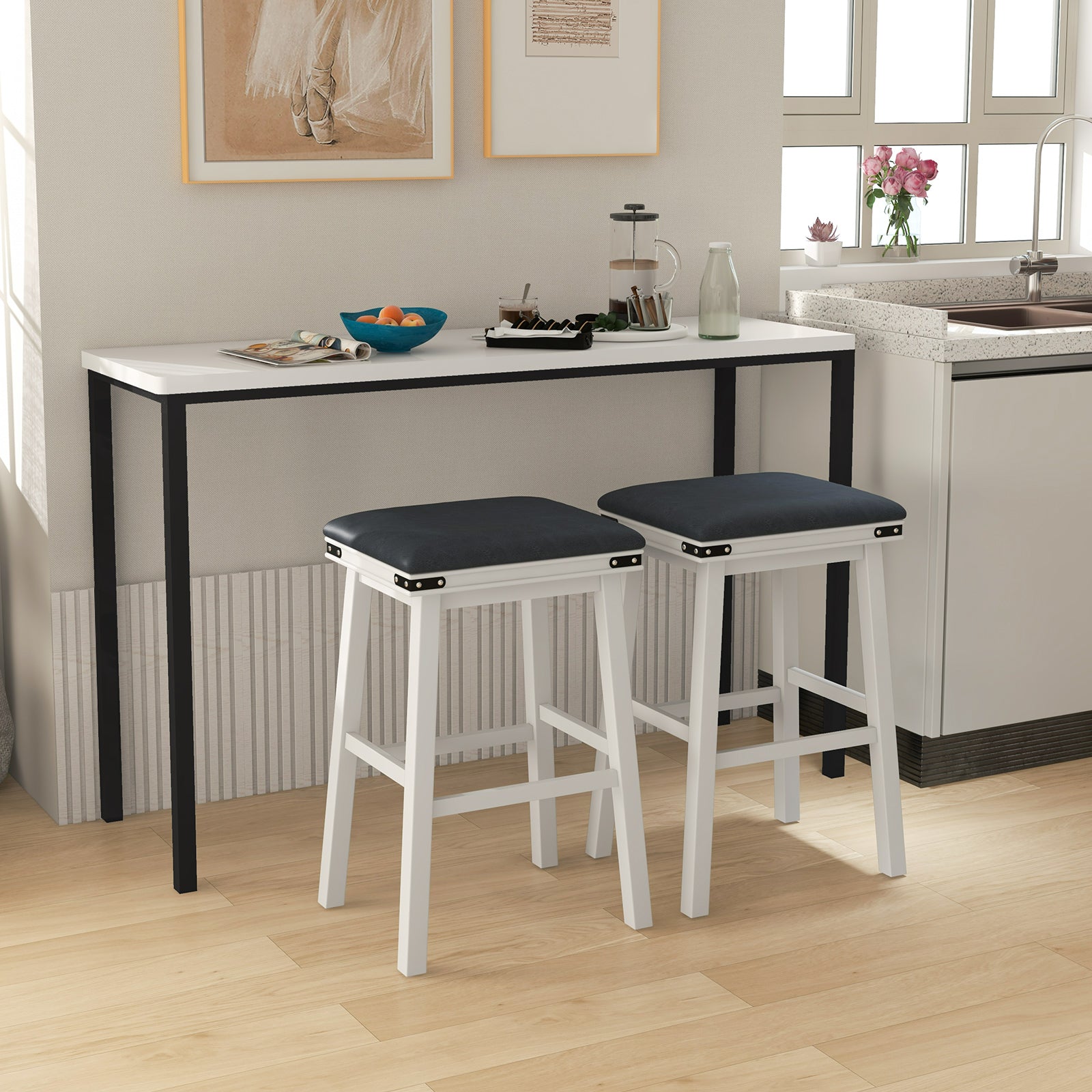 Set of 2 Upholstered Bar Stool 76cm Backless Height Bar with Footrest-White