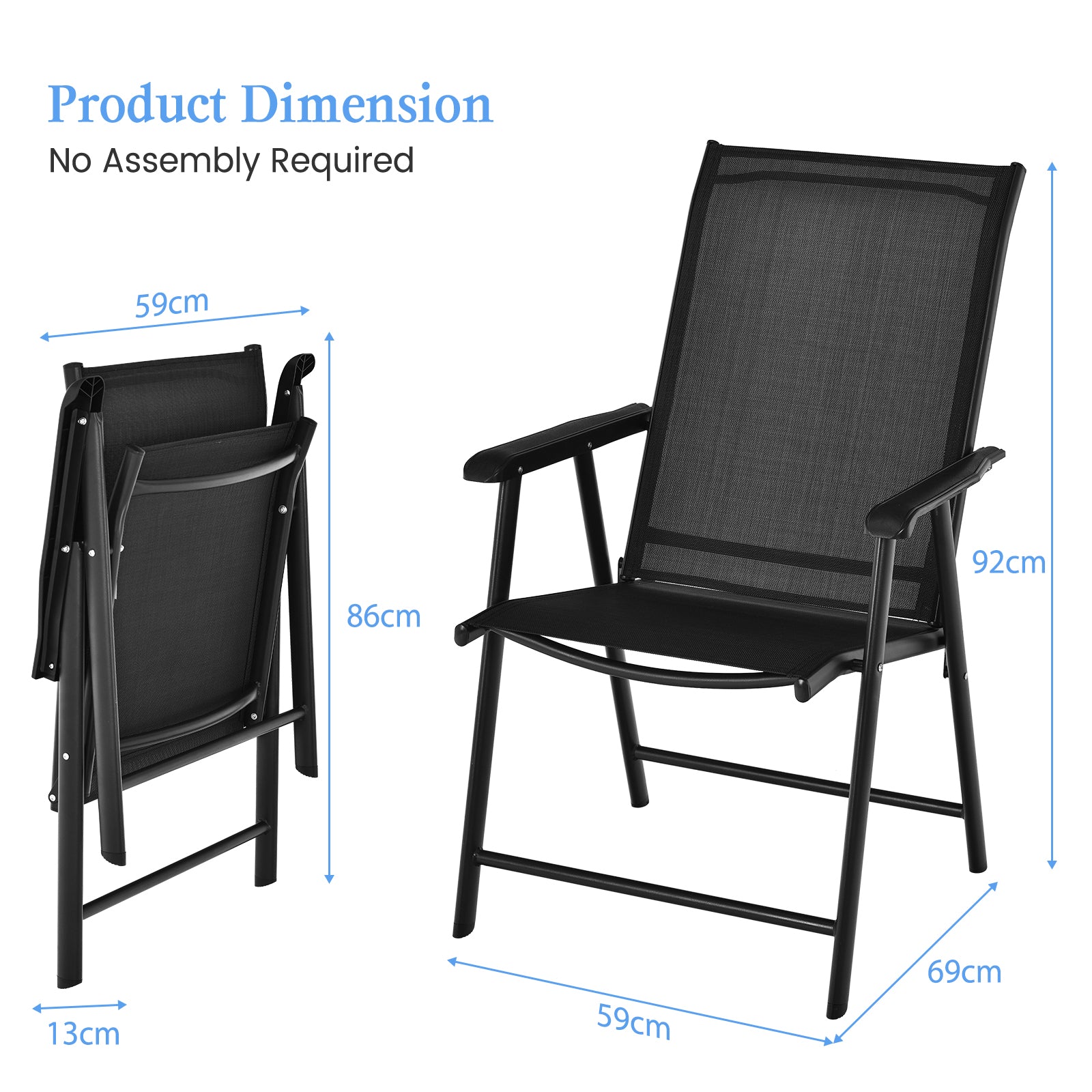 Set of 4 Folding Chairs in Fabric and Metal Garden Chairs-Black