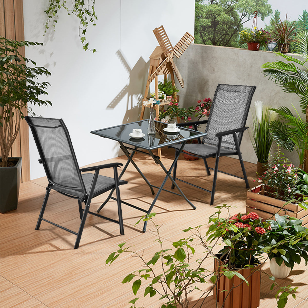 Set of 4 Folding Chairs in Fabric and Metal Garden Chairs-Grey