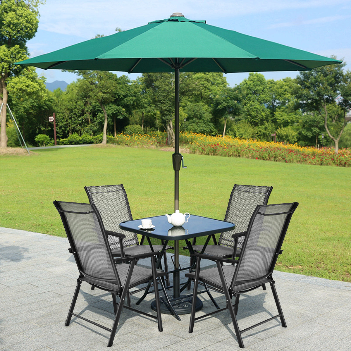 Set of 4 Folding Chairs in Fabric and Metal Garden Chairs-Grey