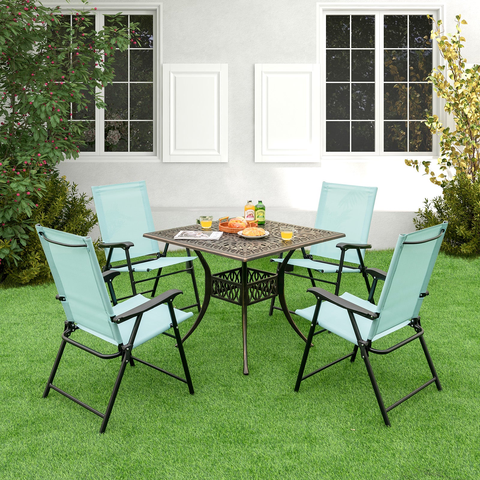 Set of 4 Folding Garden Chairs with Armrests for Yard Lawn Poolside-Green