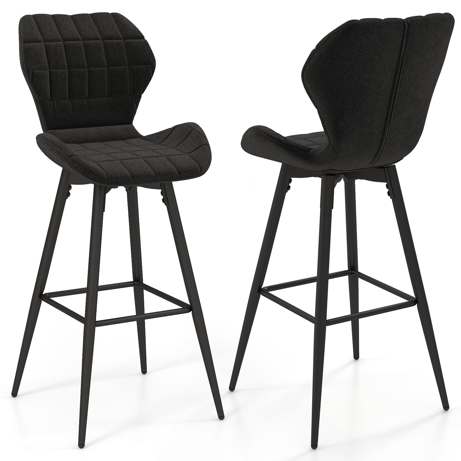 Set of 2 Bar Stool Counter Height Bar Chairs Armless with Curved Backrest-Black