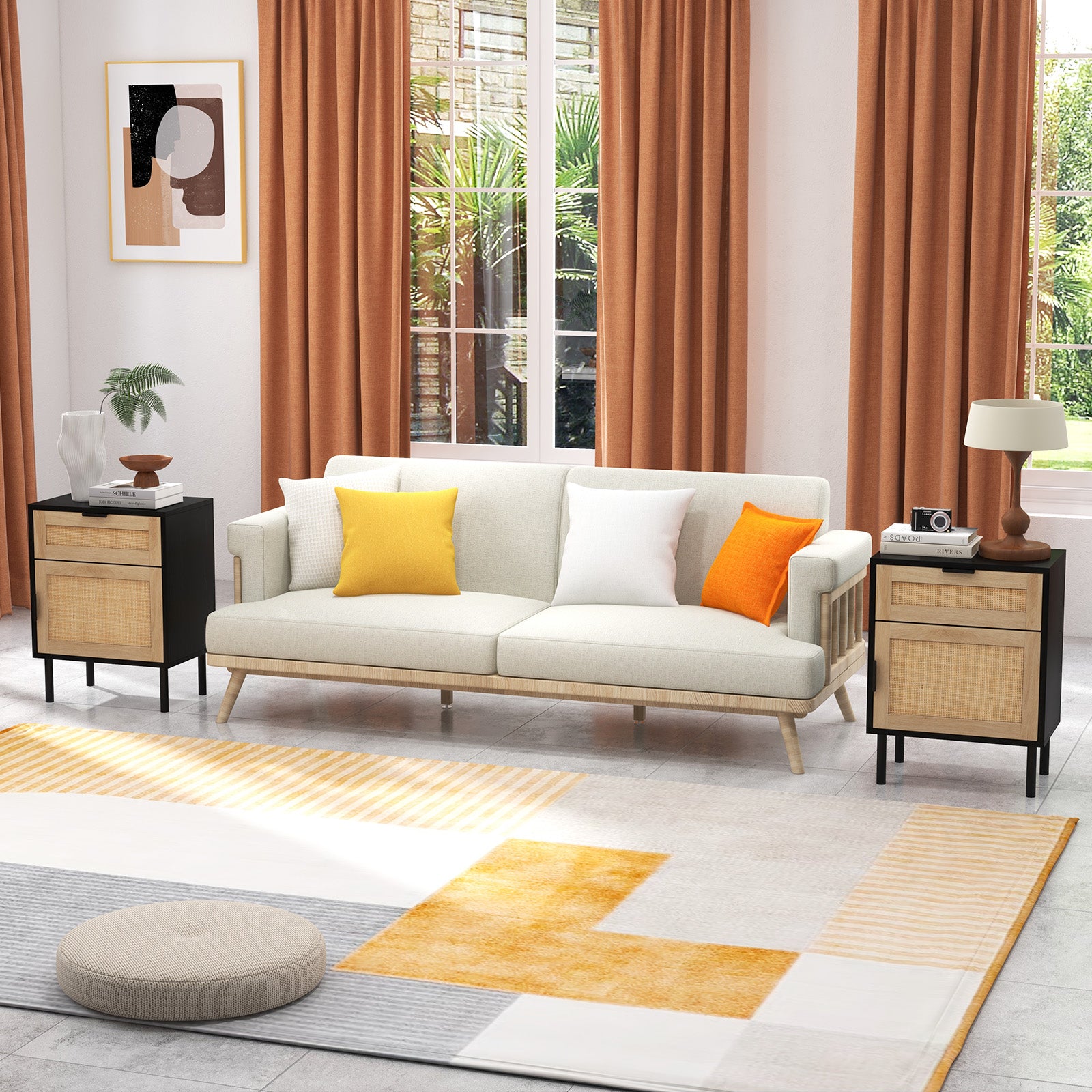 Set of 2 Rattan Nightstand with Drawer and Cabinet and Metal Legs-Black