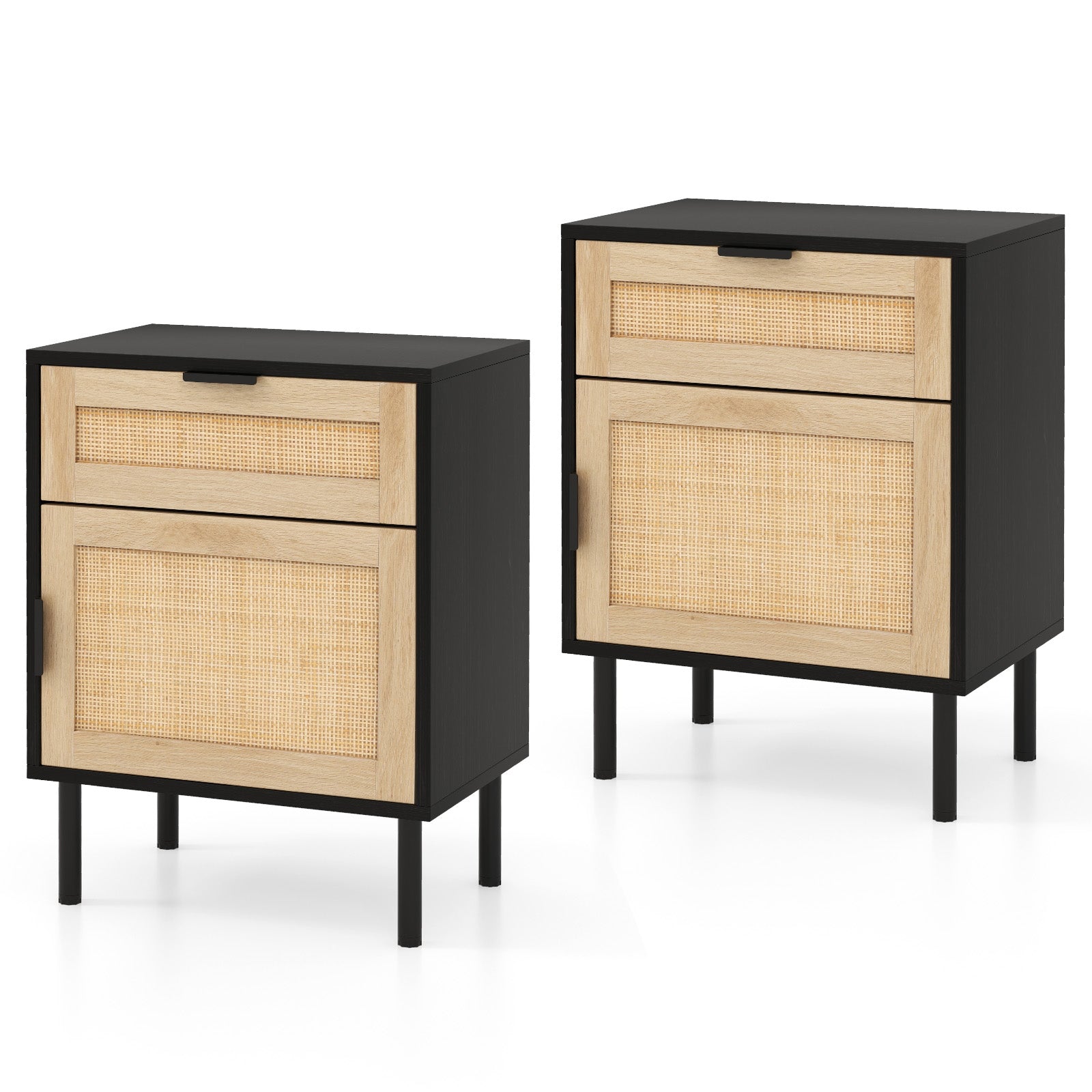 Set of 2 Rattan Nightstand with Drawer and Cabinet and Metal Legs-Black