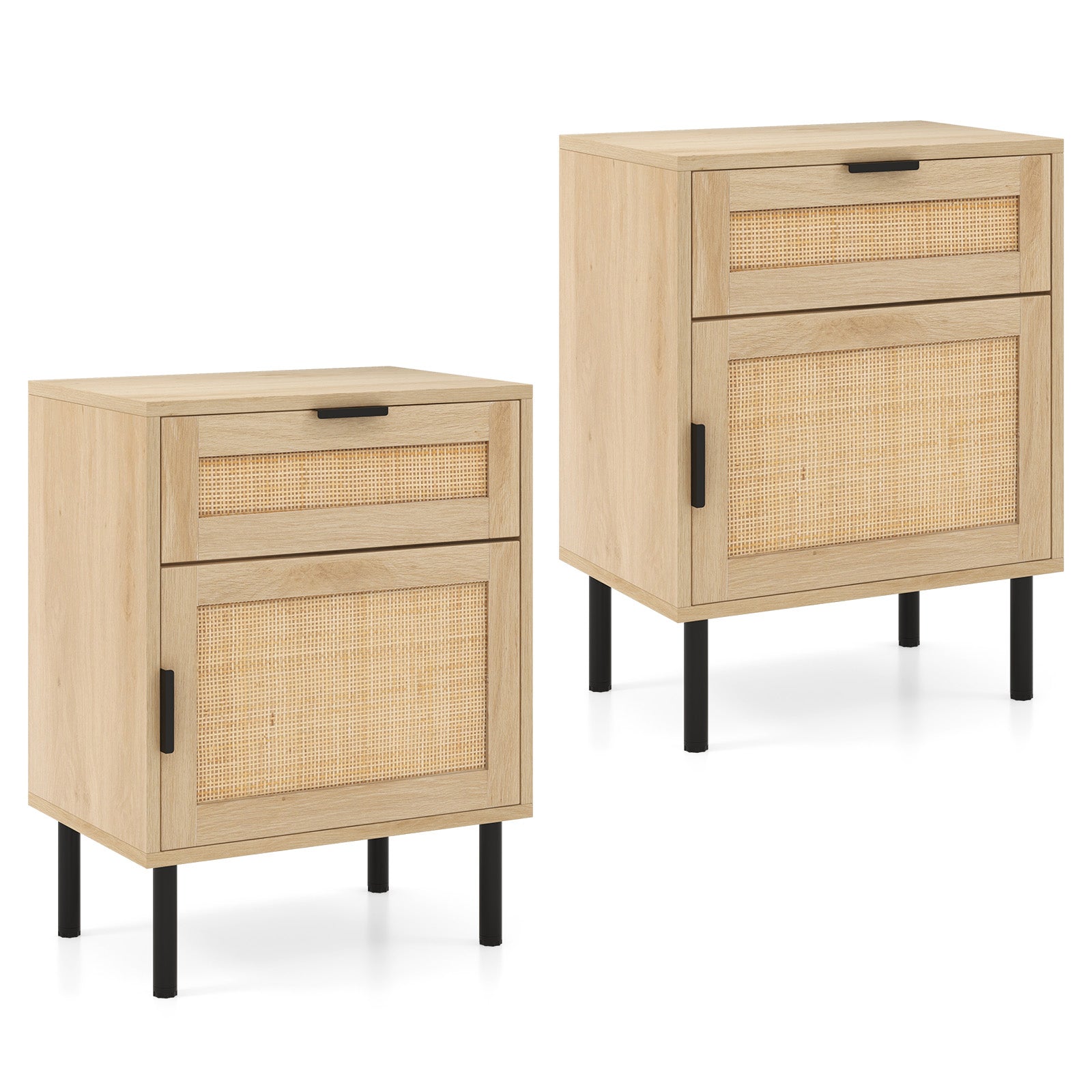 Set of 2 Rattan Nightstand with Drawer and Cabinet and Metal Legs-Natural