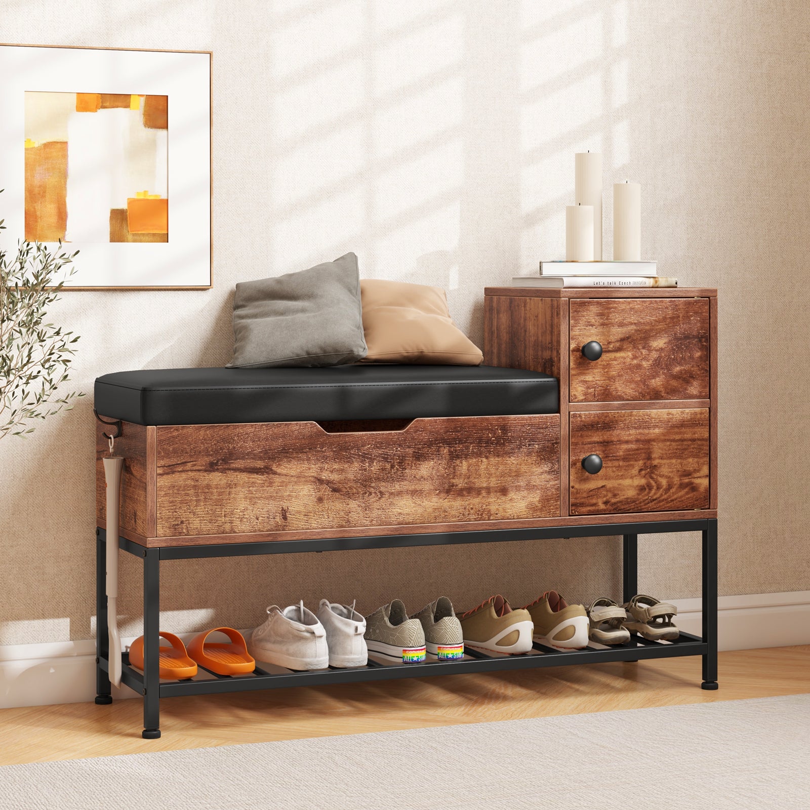 Shoe Entryway Bench with Flip Top Box and 2 Door Cabinets-Coffee