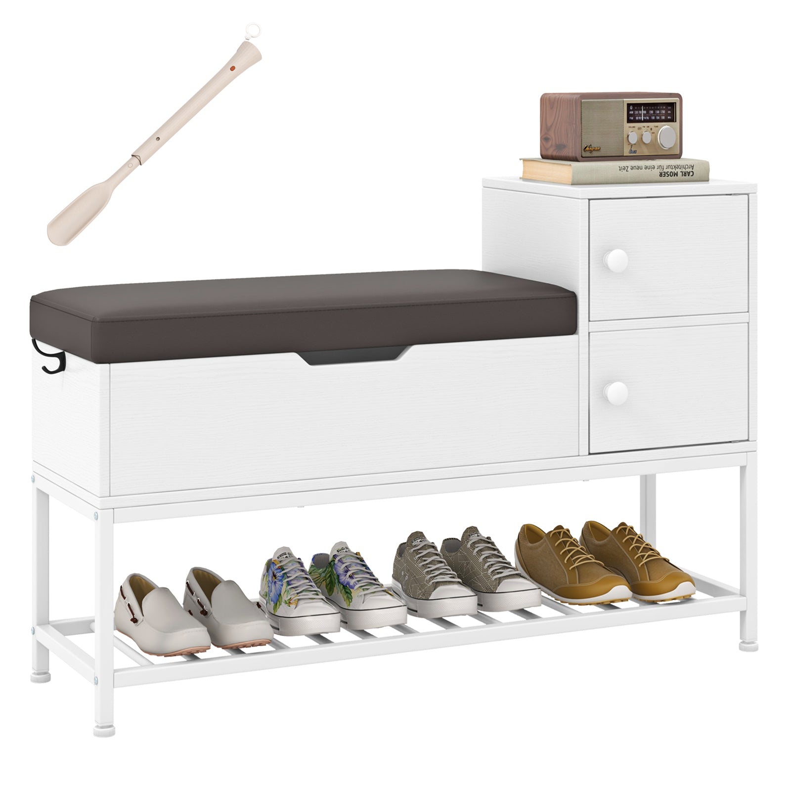 Shoe Entryway Bench with Flip Top Box and 2 Door Cabinets-White