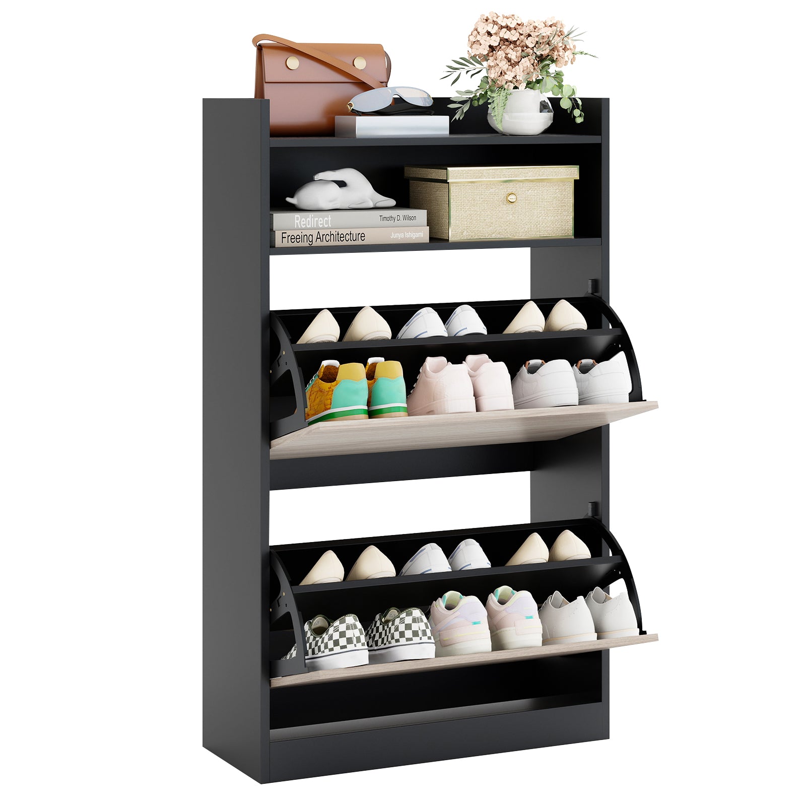 Shoe Storage Cabinet with 2 Flip Drawers and Open Storage-Black