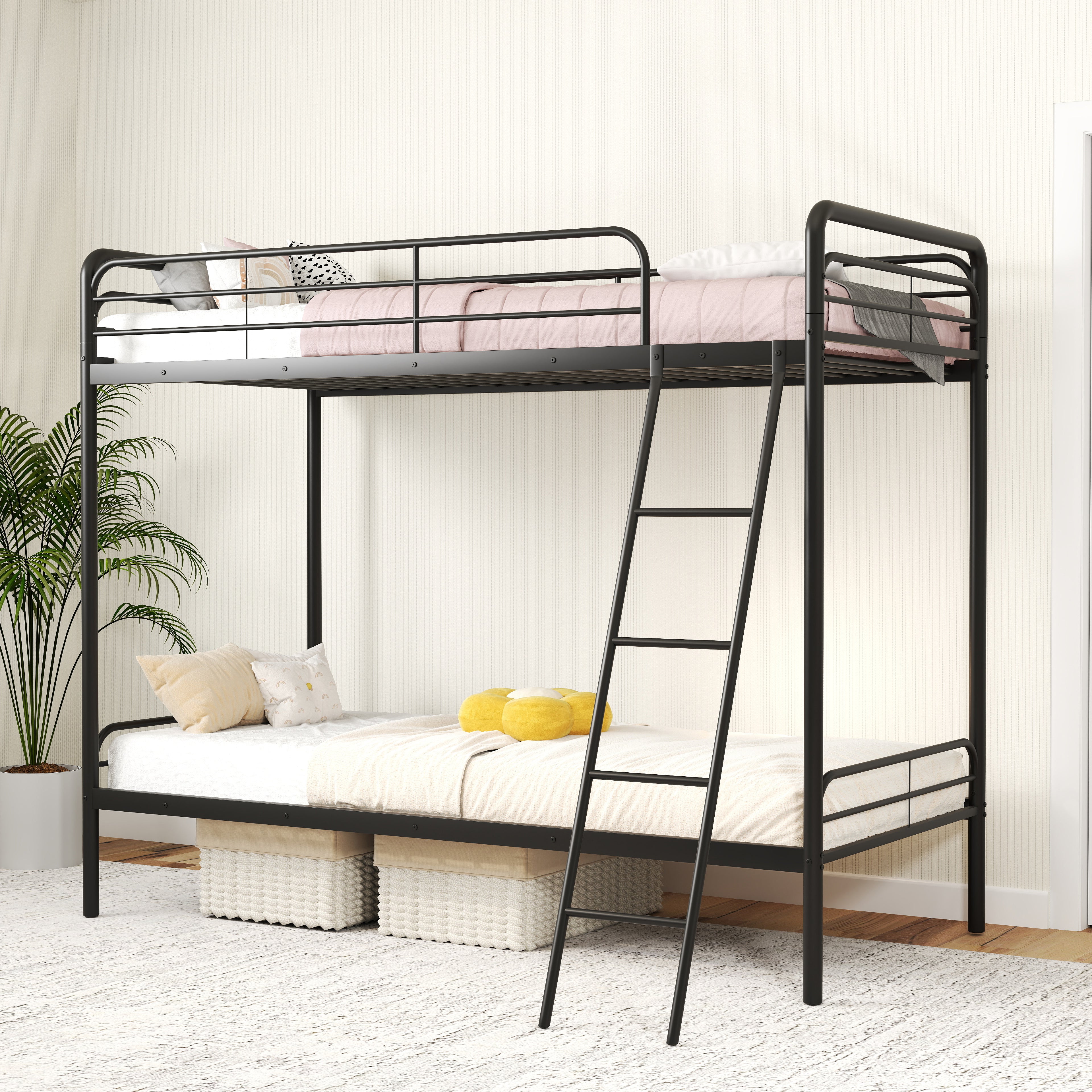Single Bunk Bed with Ladder and Full-length Guardrails for Teens Adults-Black-Single Size