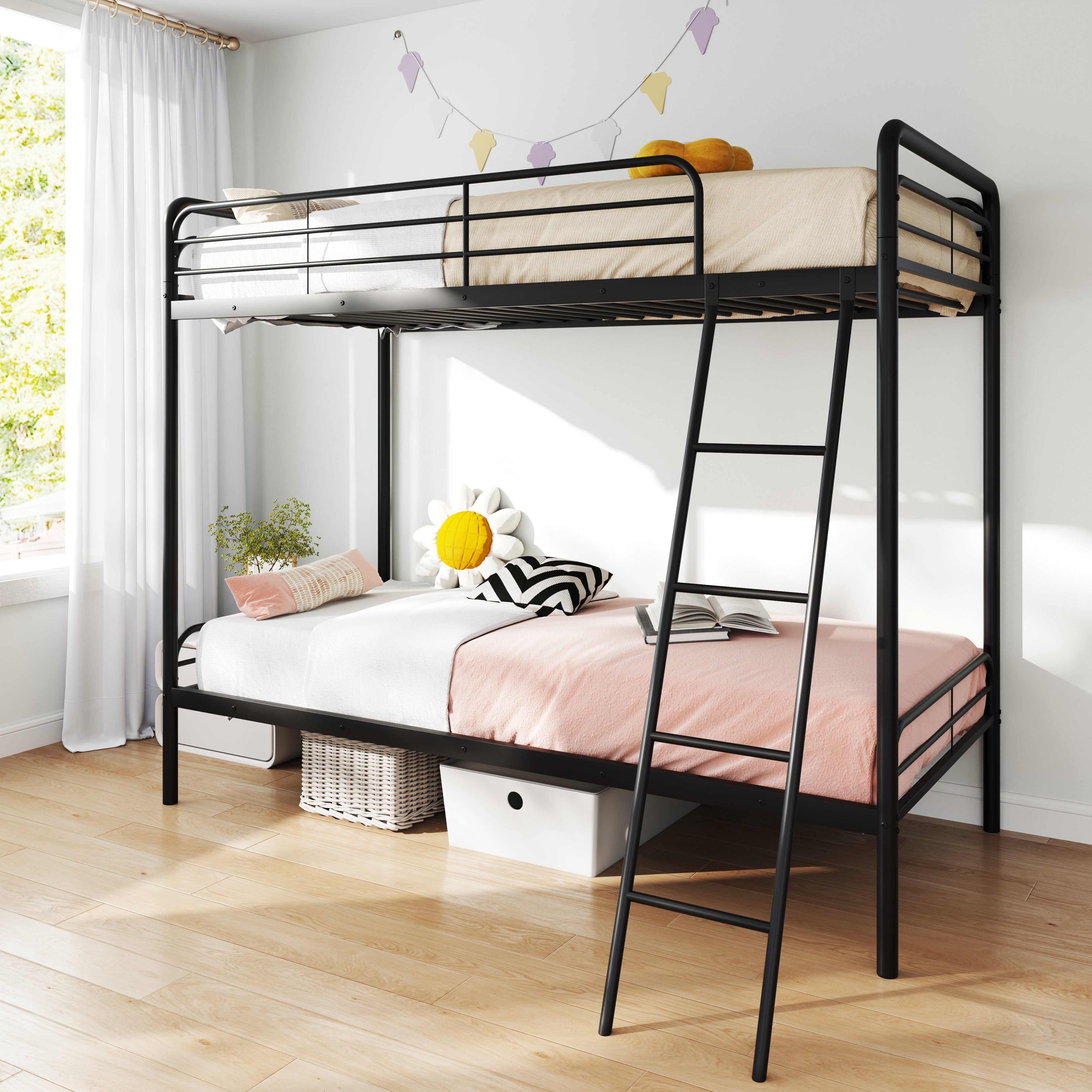 Single Bunk Bed with Ladder and Full-length Guardrails for Teens Adults-Black-Single Size