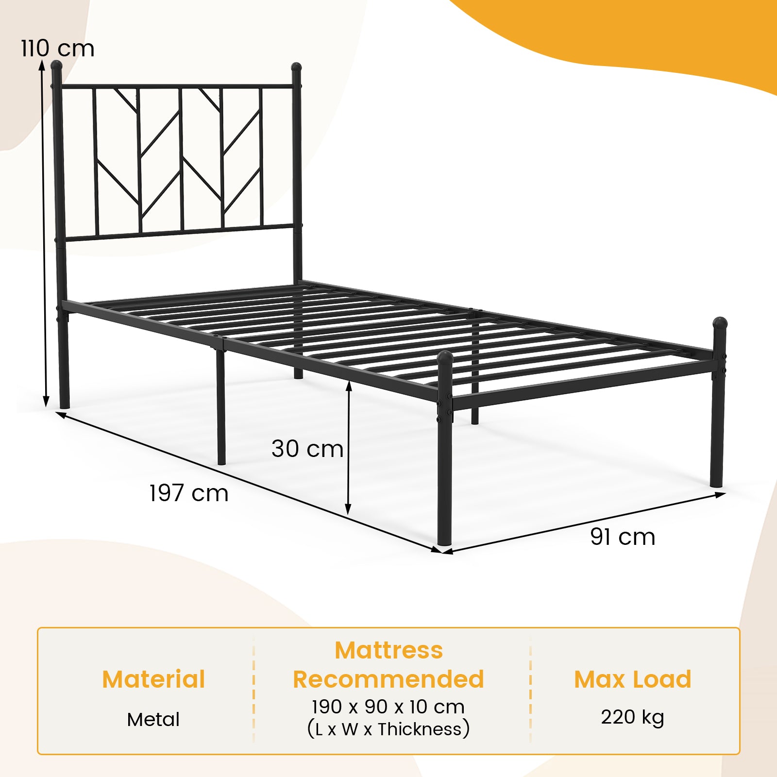 Single/Double Metal Platform Bed Frame with Headboard Black-Single Size