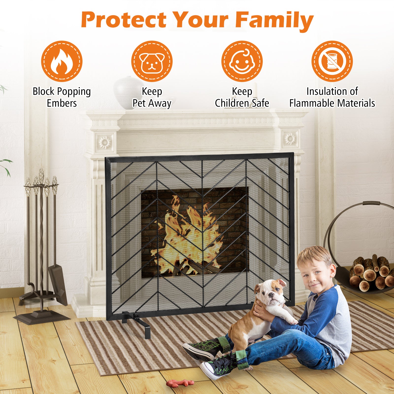 Single Panel Fireplace Screen with Detachable Support Feet and Metal Fame-Black