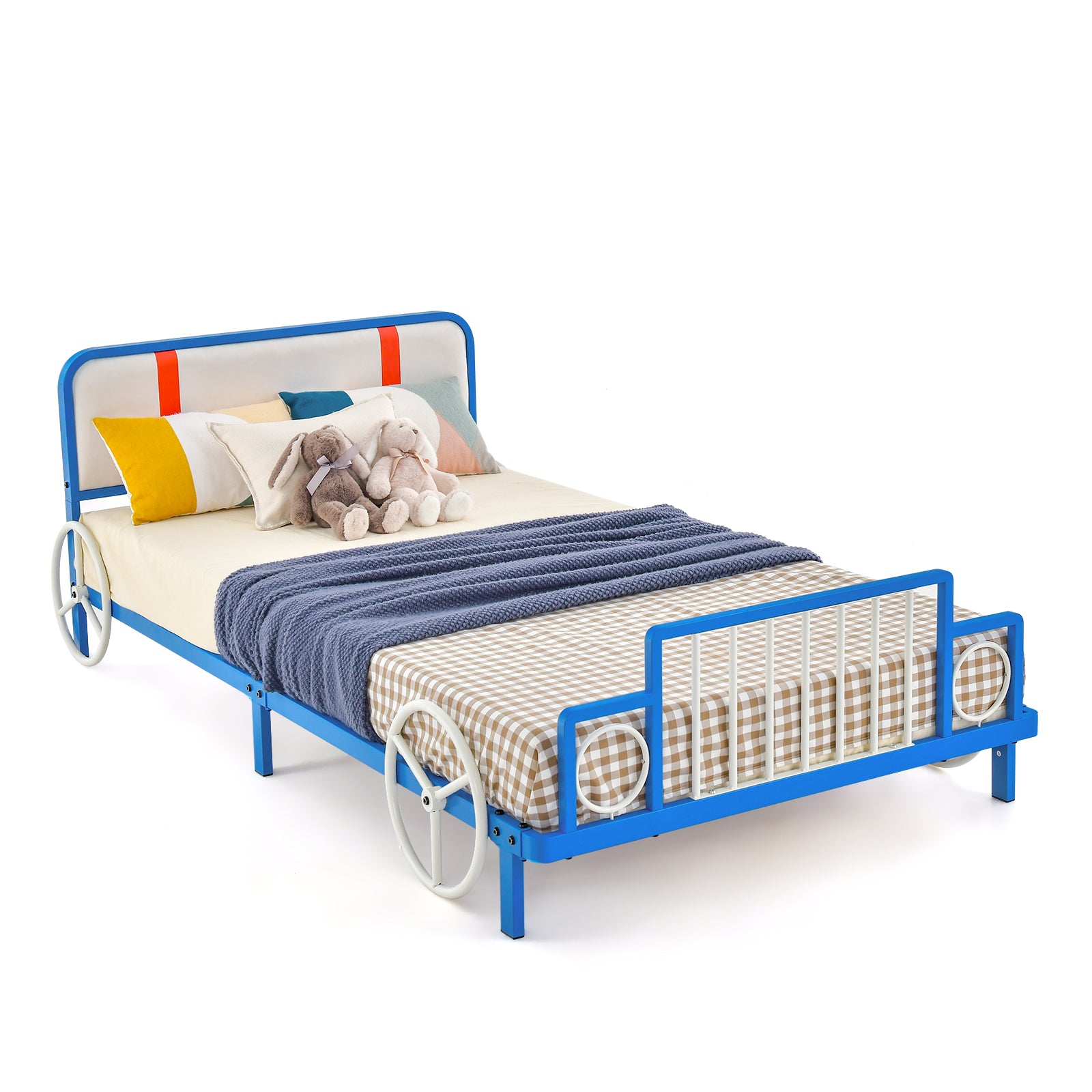 Single Size Car Shaped Kids Bed Frame with Upholstered Headboard