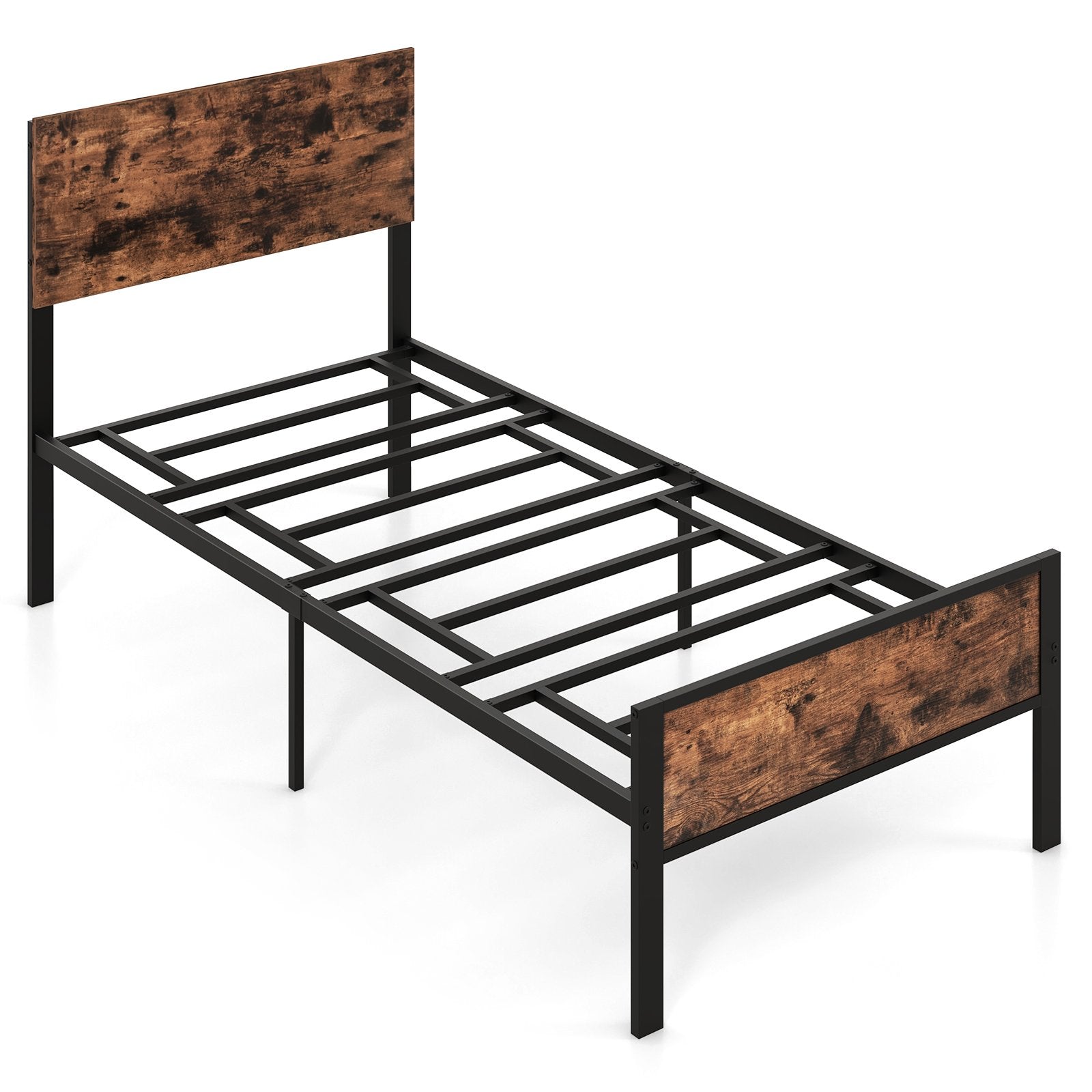 Metal Platform Bed with Headboard and Footboard-Brown-Single Size