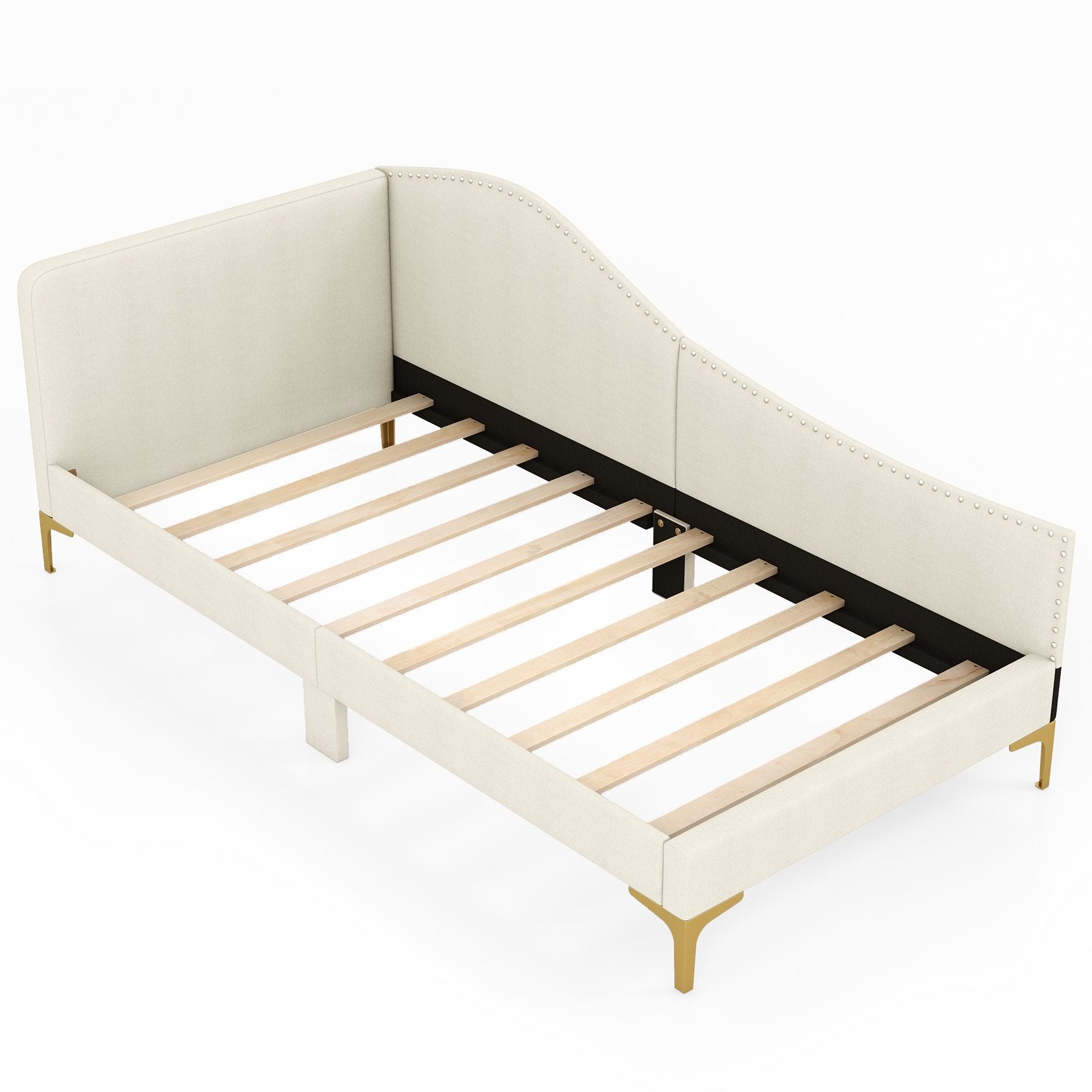 Single Size Upholstered Daybed Rivet-Tufted Platform Bed with Metal Legs-Beige