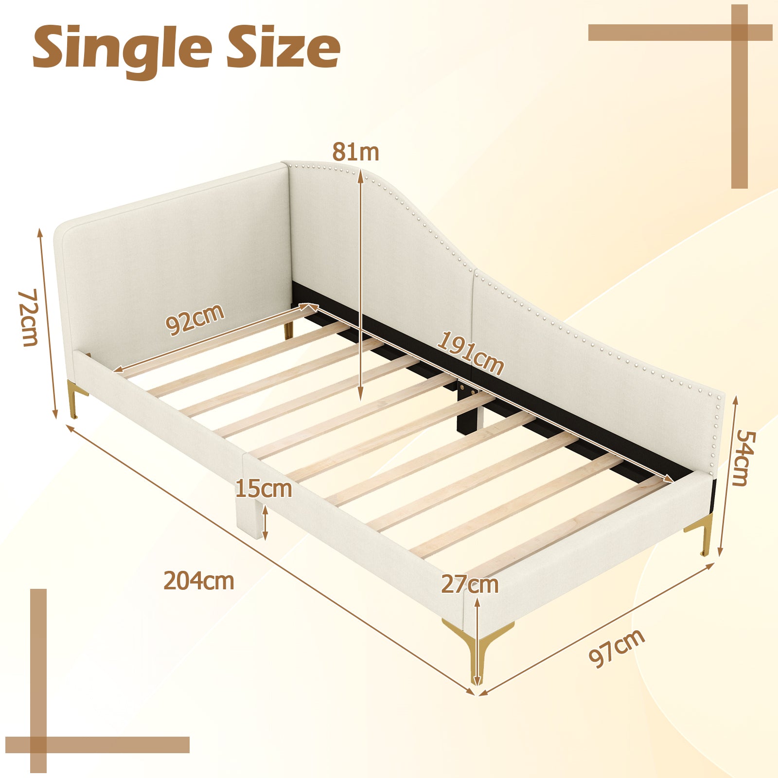 Single Size Upholstered Daybed Rivet-Tufted Platform Bed with Metal Legs-Beige