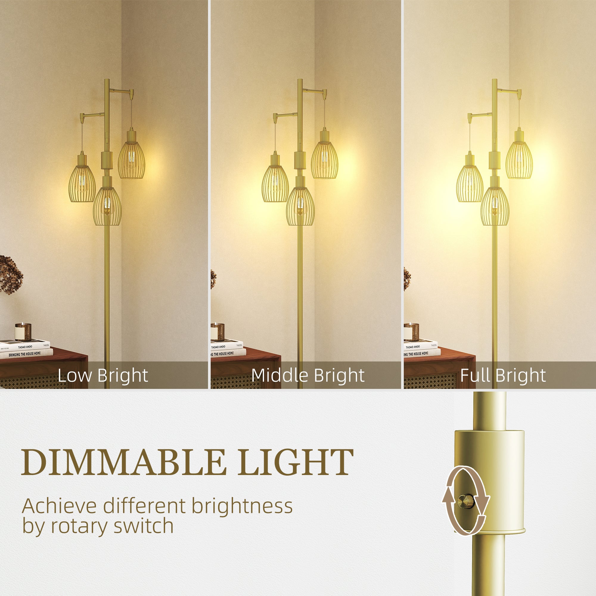 HOMCOM 3-Light Floor Lamp, 170cm Industrial Dimmable Standing Lamp with Steel Wire Cage Lampshades for Living Room, Bedroom, Dining Room, Study, Gold Tone