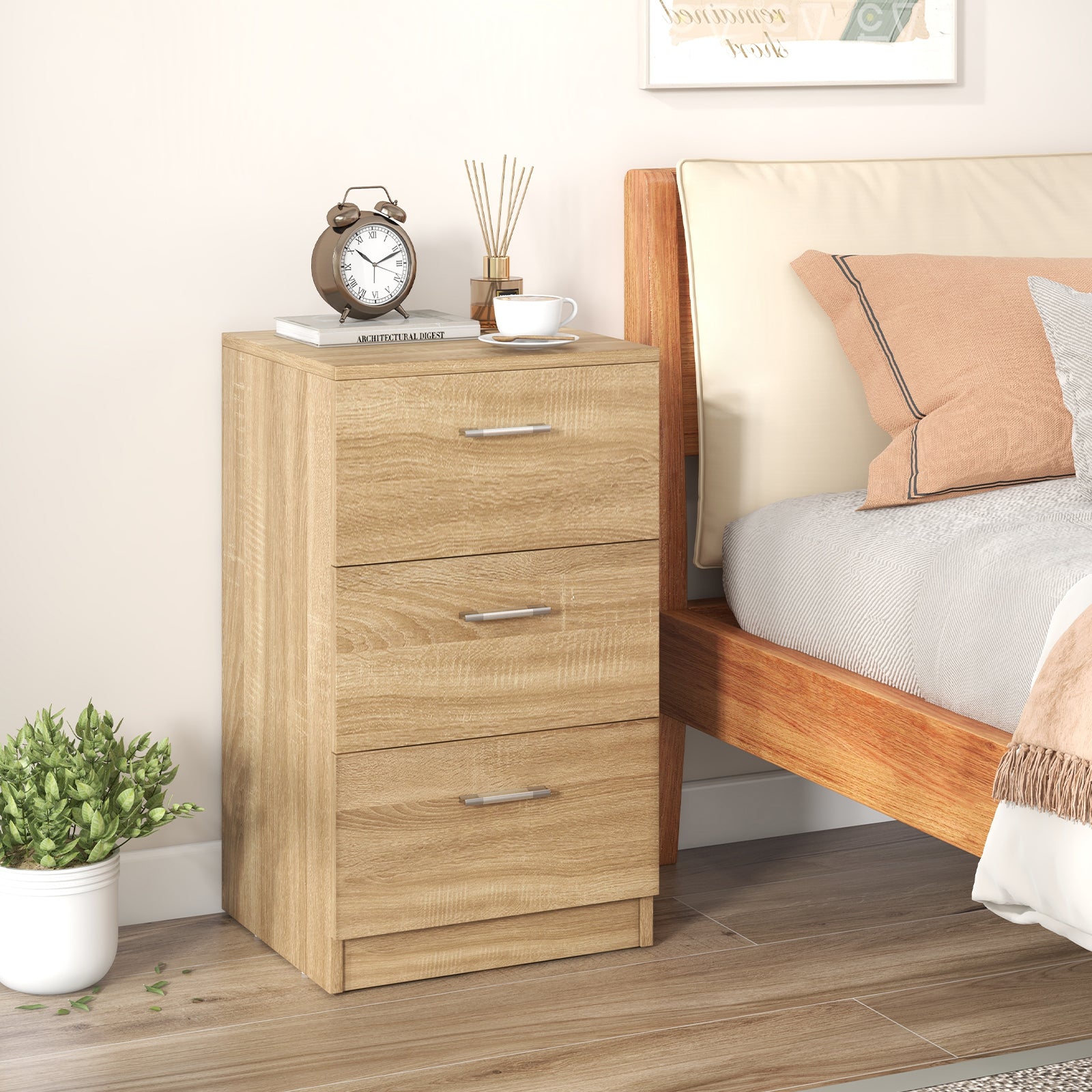 Space-saving Night Chest with 3 Drawers and Handles for Bedroom-Natural