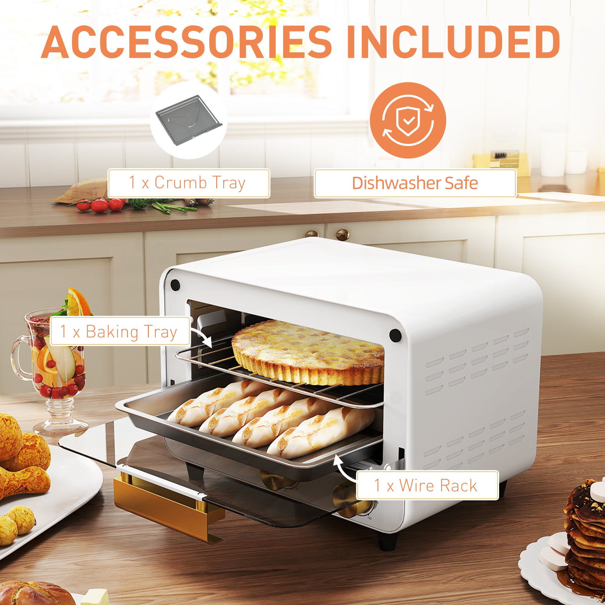 HOMCOM Small Toaster Oven, 12L Multifunction Mini Countertop Oven with Glass Door, Adjustable Temperature and Timer, Accessory Included, 750W, White