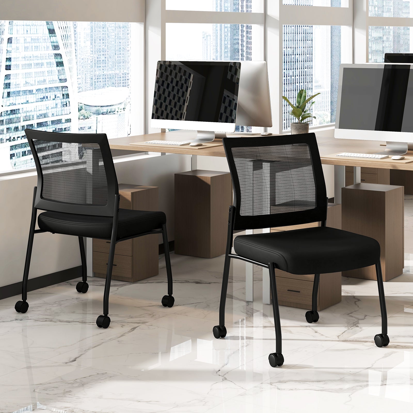 Stackable Armless Waiting Room Guest Chair with Wheels Set of 2-Black