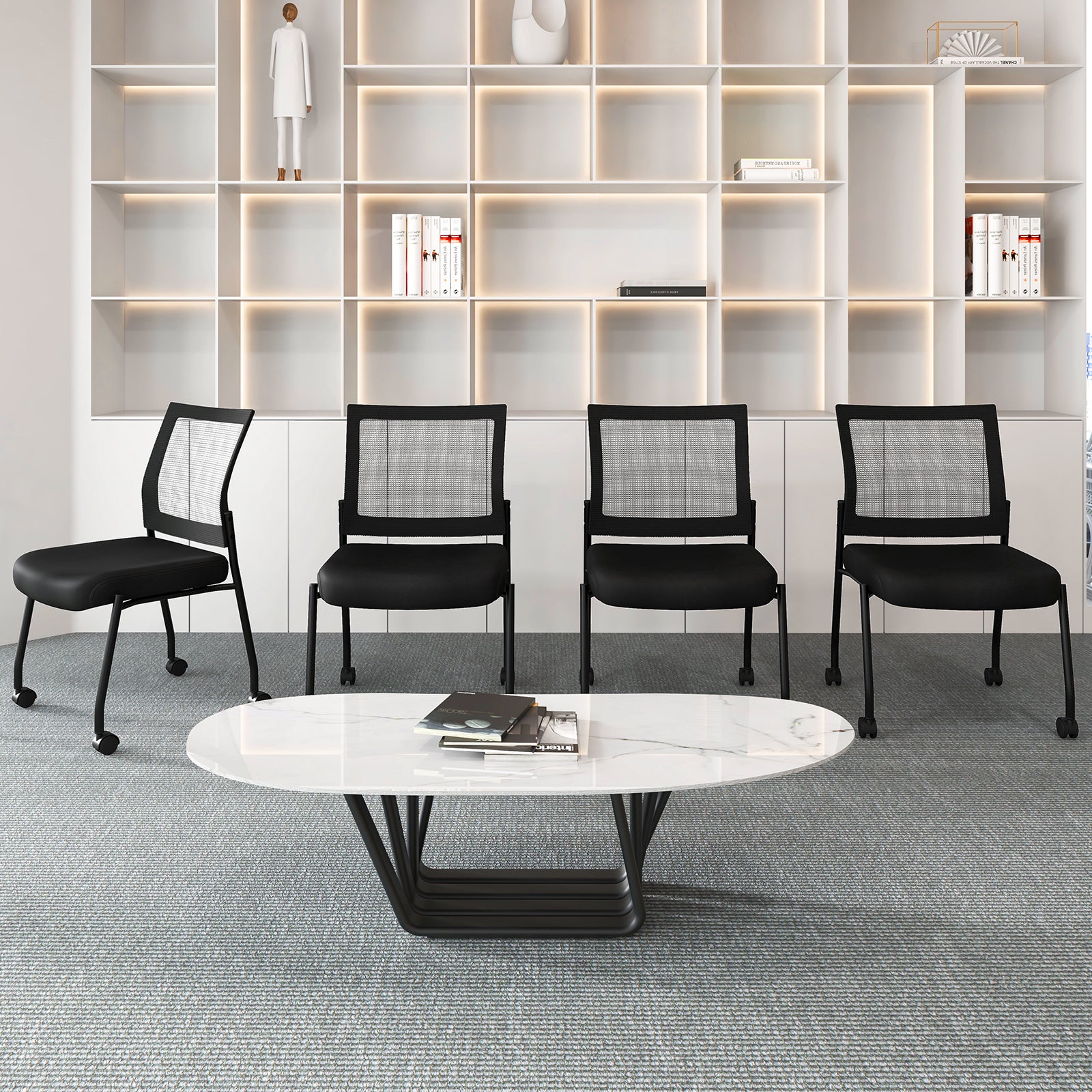 Stackable Armless Waiting Room Guest Chair with Wheels Set of 2-Black