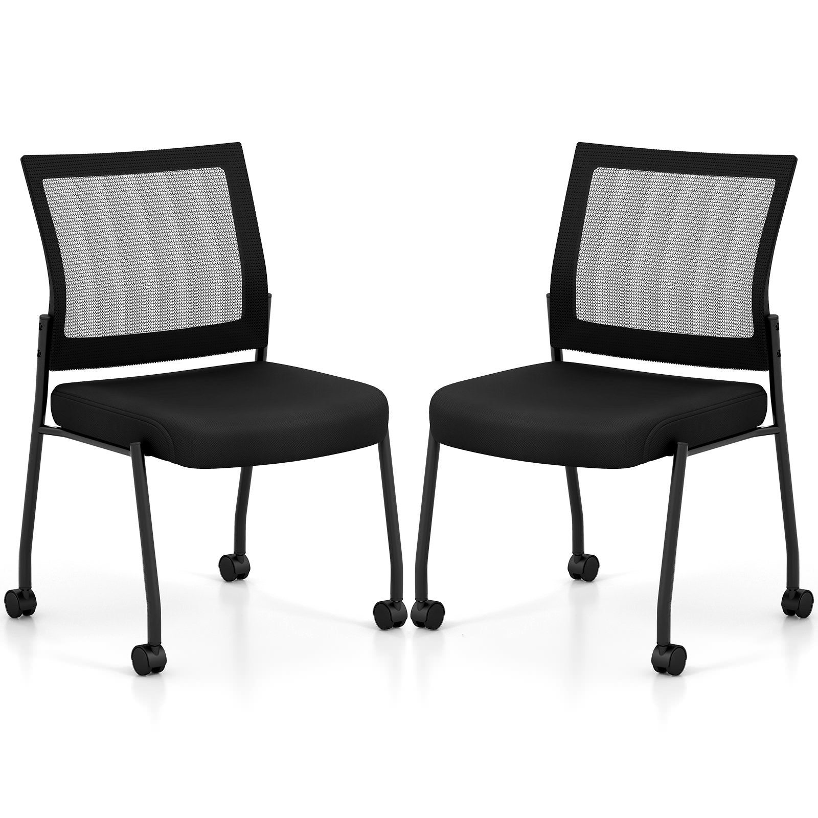 Stackable Armless Waiting Room Guest Chair with Wheels Set of 2-Black