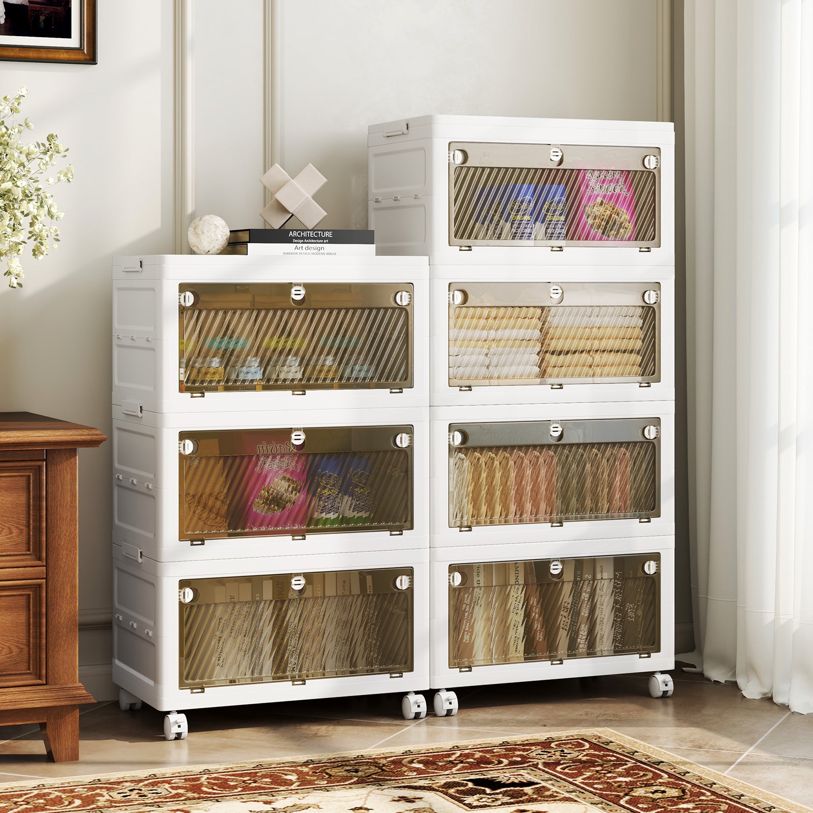3-Tier/4-Tier Stackable Storage Bins with 3-Way-to-Open Drawers and Wheels-3-Tier