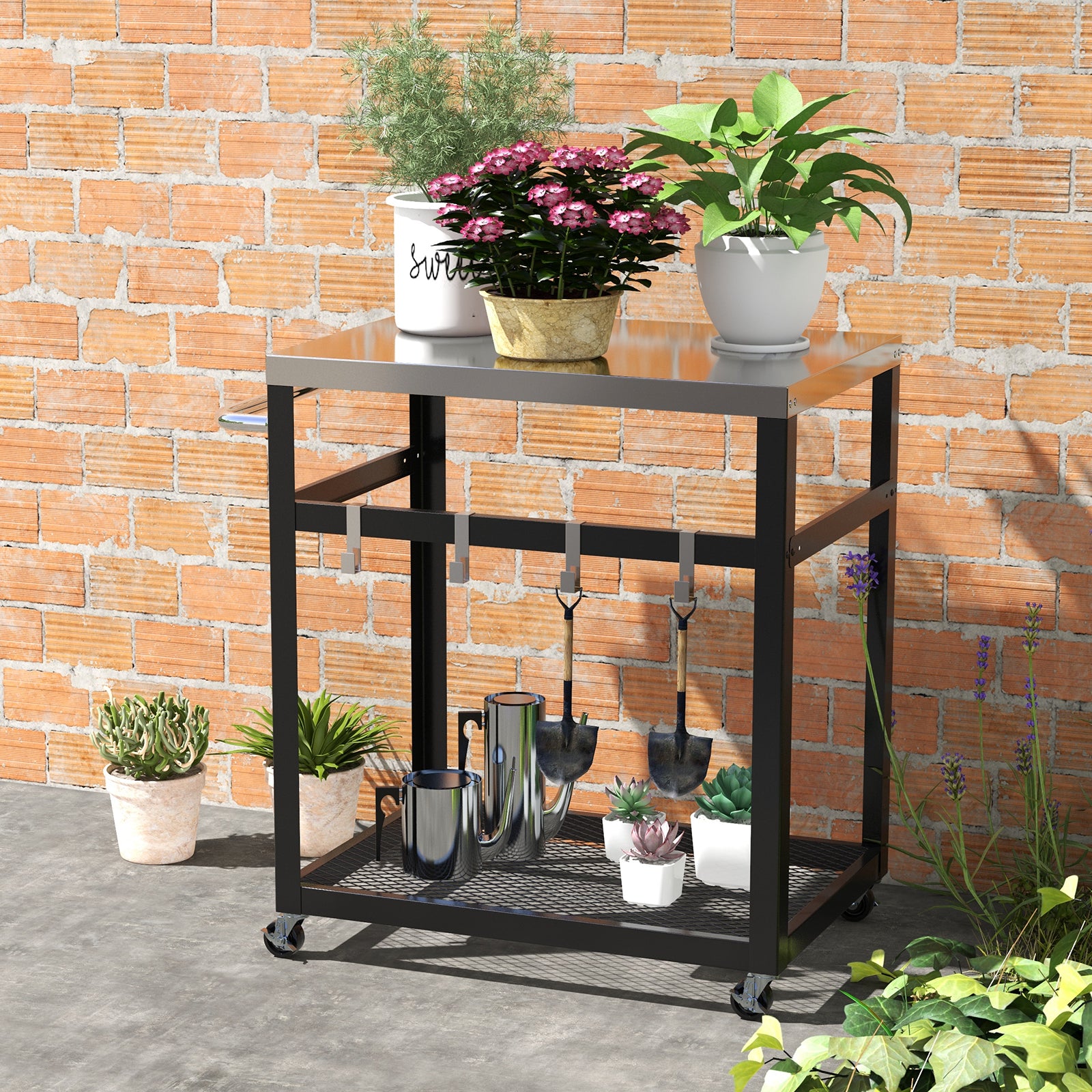 2-tier Stainless Steel Grill Cart with Wheels and Handle-Black