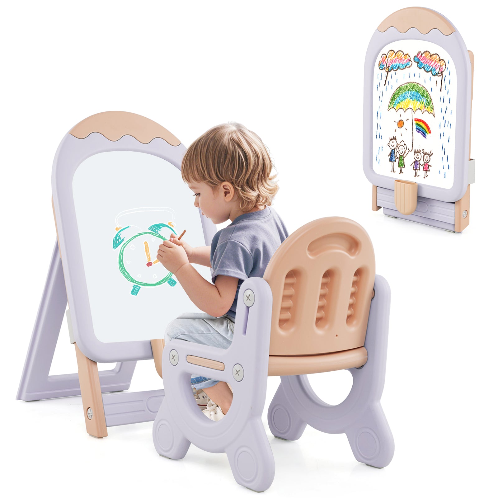 Height-adjustable and Foldable Standing Kids Art Easel with Chair-Pink & Purple