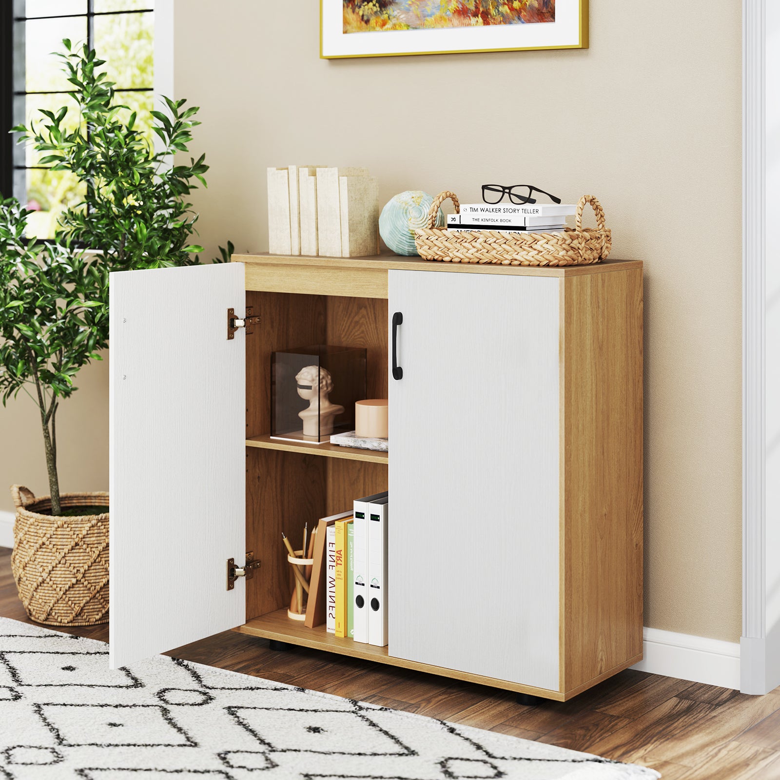 2-Door Storage Cabinet Modern Accent Cabinet with 5-Position Adjustable Shelf-Natural