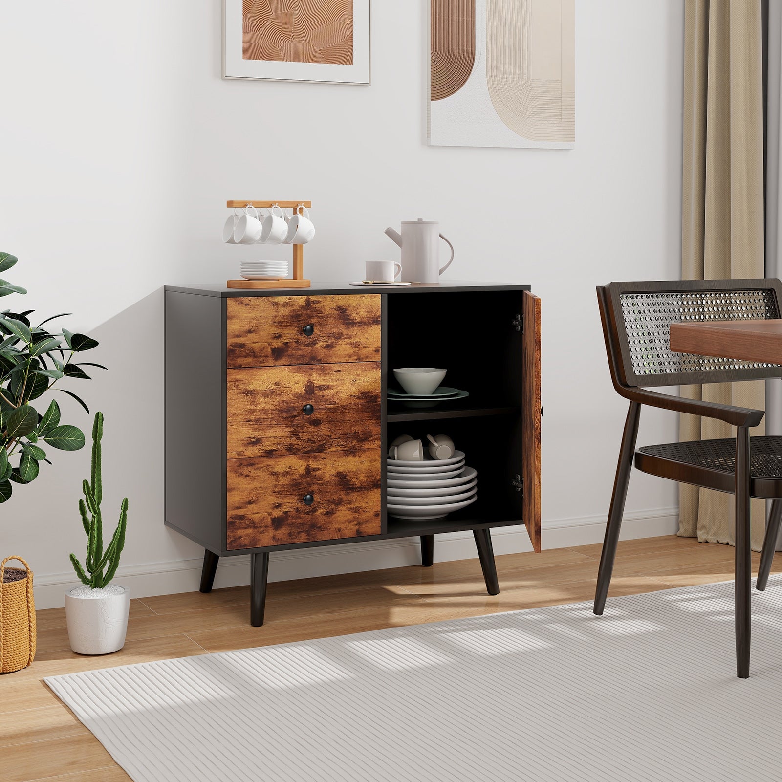 Storage Cabinet with 3 Drawer and 1 Side Cabinet-Rustic Brown