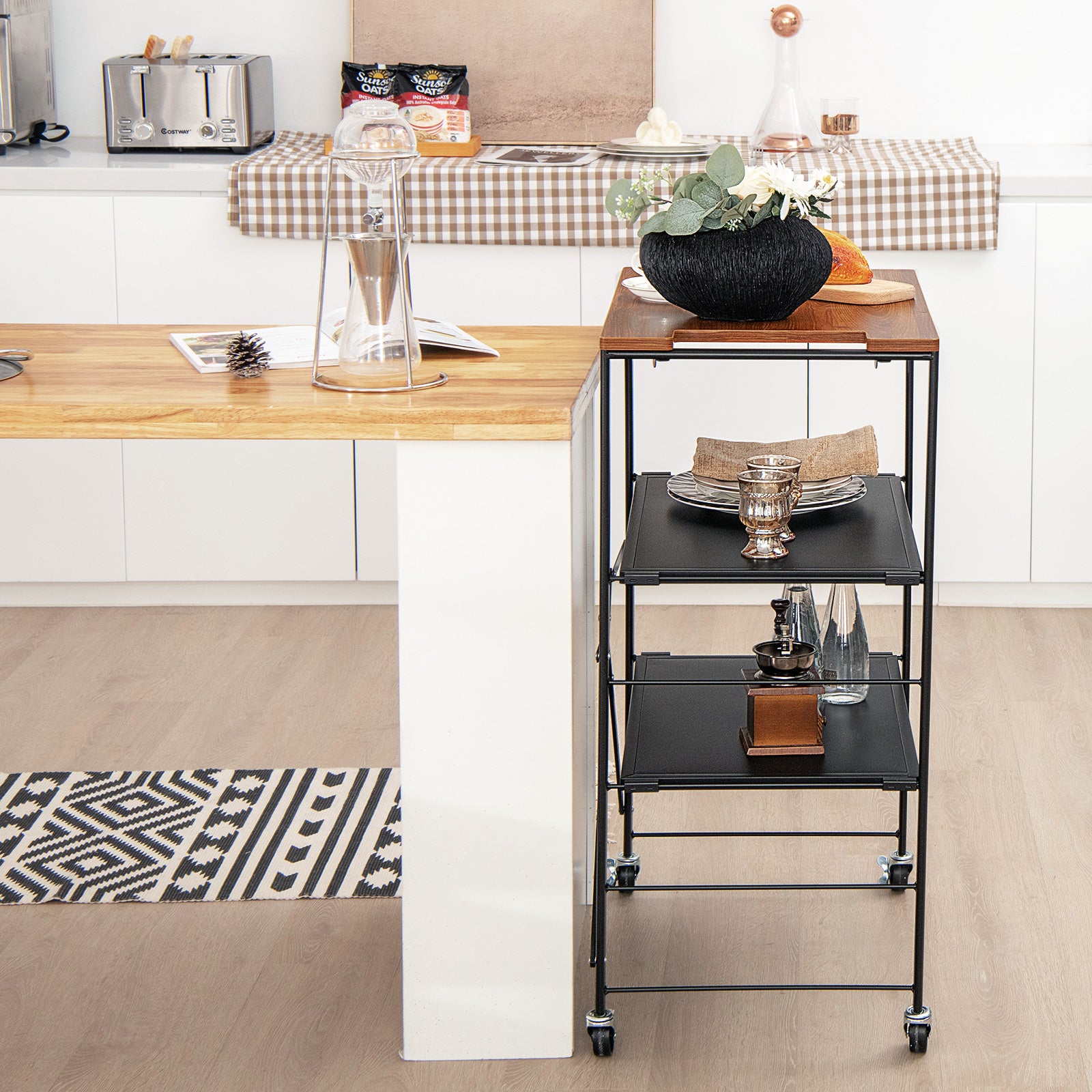 Storage Cart with Adjustable Shelves, Foldable Frame and Lockable Casters-Black