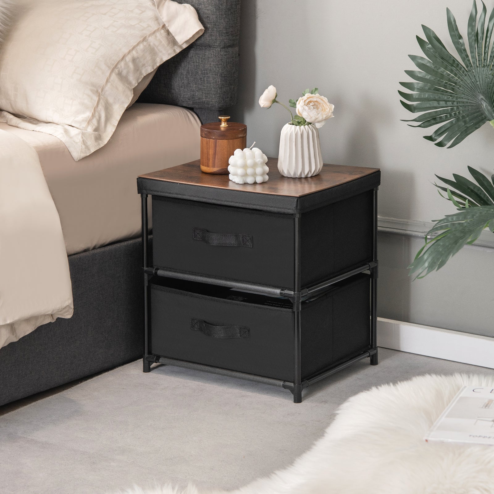 2-Drawer Nightstand Bedside Table with Removable Lid for Bedroom, Living Room-Black