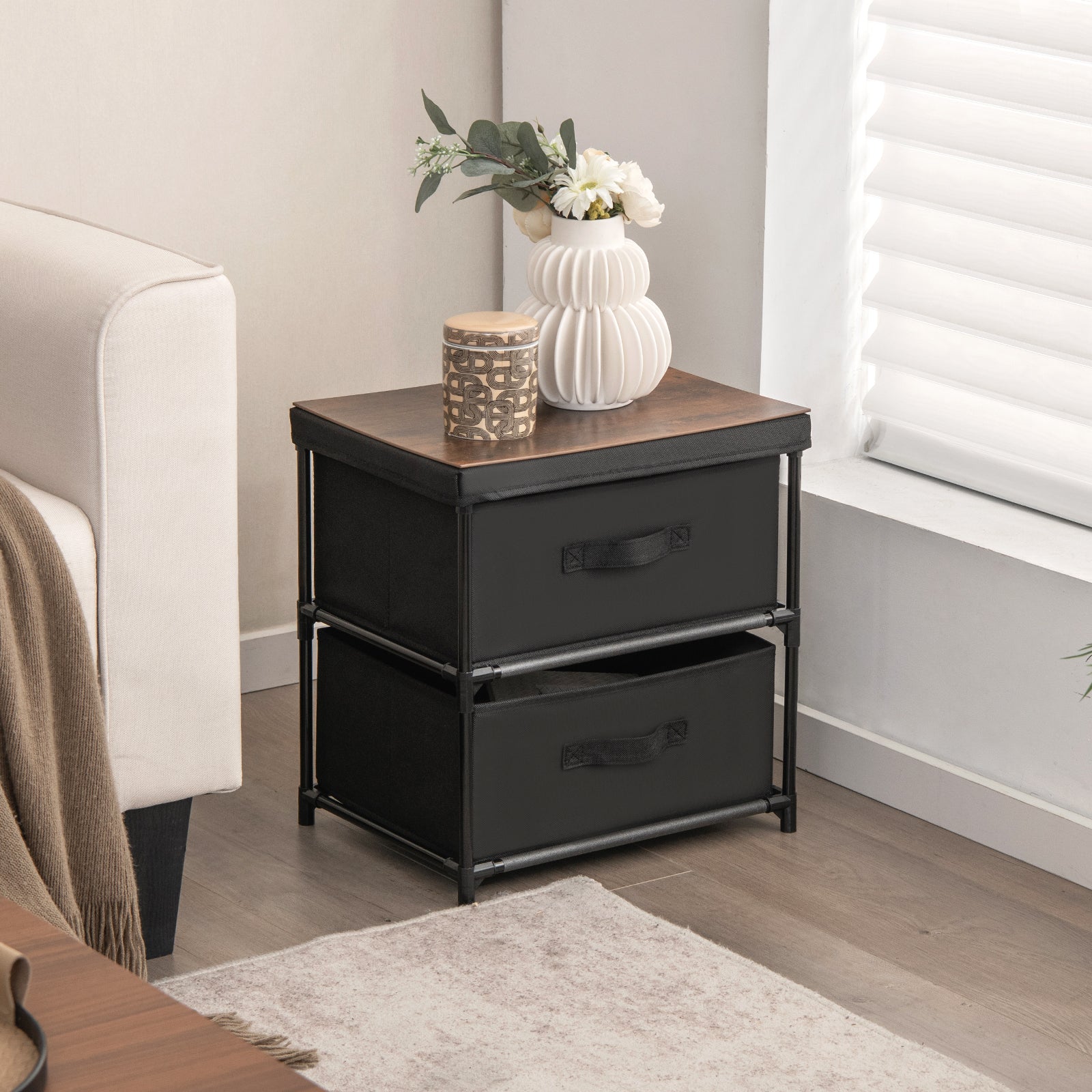 2-Drawer Nightstand Bedside Table with Removable Lid for Bedroom, Living Room-Black