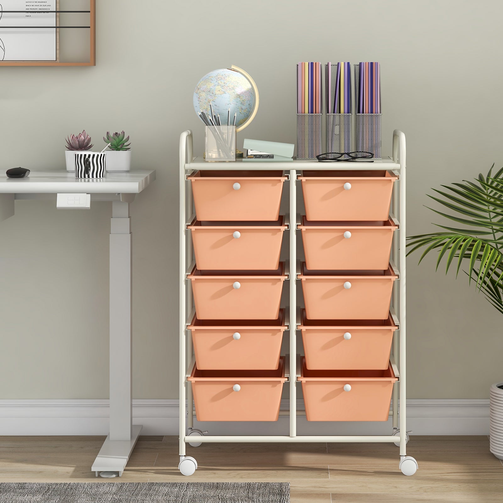 Storage Rolling Cart with 10-Drawer for Tools Scrapbook Paper Organising-Soft Peach