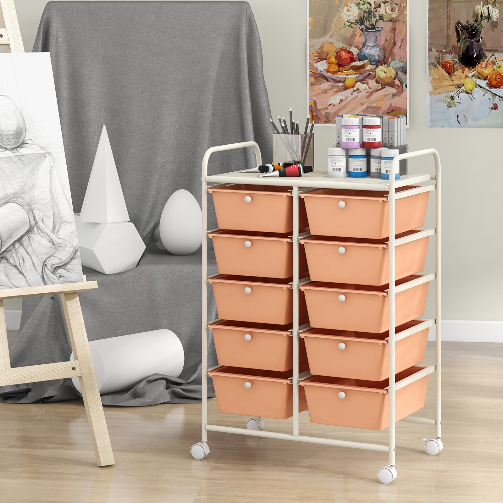 Storage Rolling Cart with 10-Drawer for Tools Scrapbook Paper Organising-Soft Peach