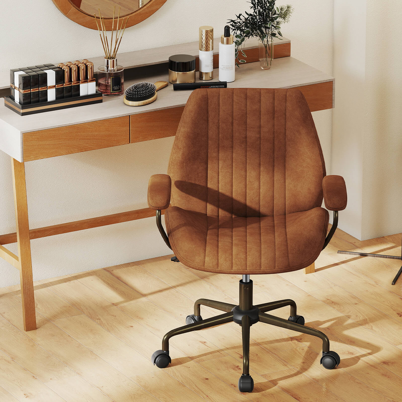 Suede Fabric Office Chair Swivel Adjustable with Padded Arms and Wheels-Brown