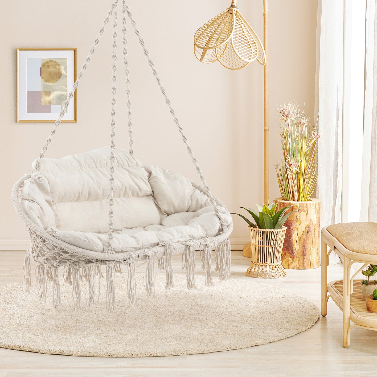 Hand-Woven Rope Hanging Chair with Thick Cushion-Beige