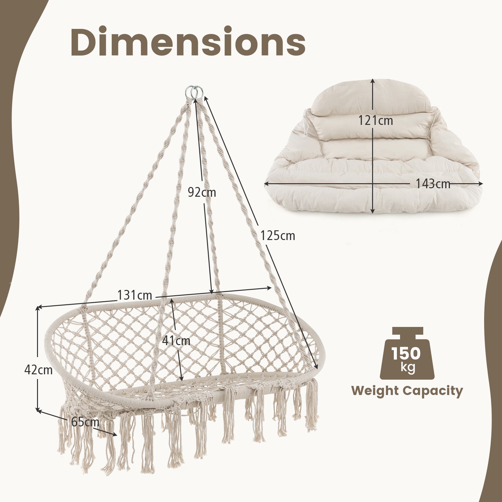 Hand-Woven Rope Hanging Chair with Thick Cushion-Beige