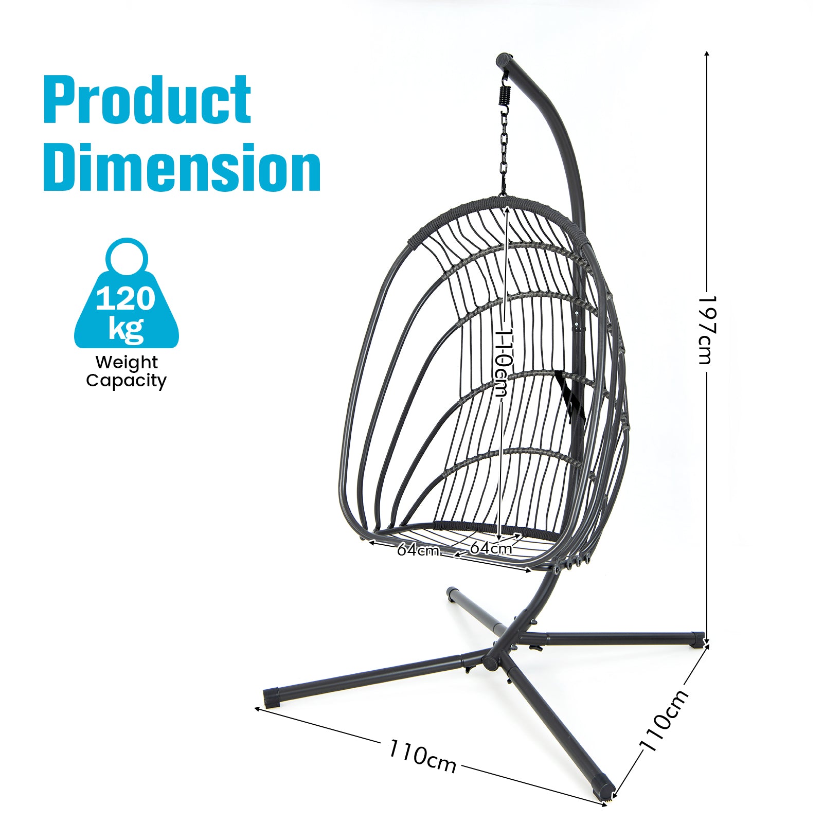 Swing Egg Chair with Stand with Cushion, Pillow and Foldable Seat Basket-Turquoise