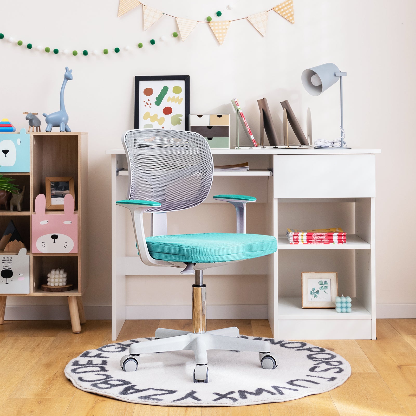 Kids Height-Adjustable Swivel Computer Desk Chair with Lumbar Support-Turquoise
