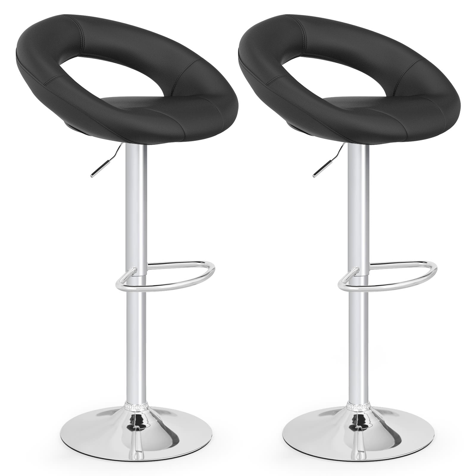Swivel Height Adjustable Bar Stool Set of 2 with Hollow Back and Footrest-Black