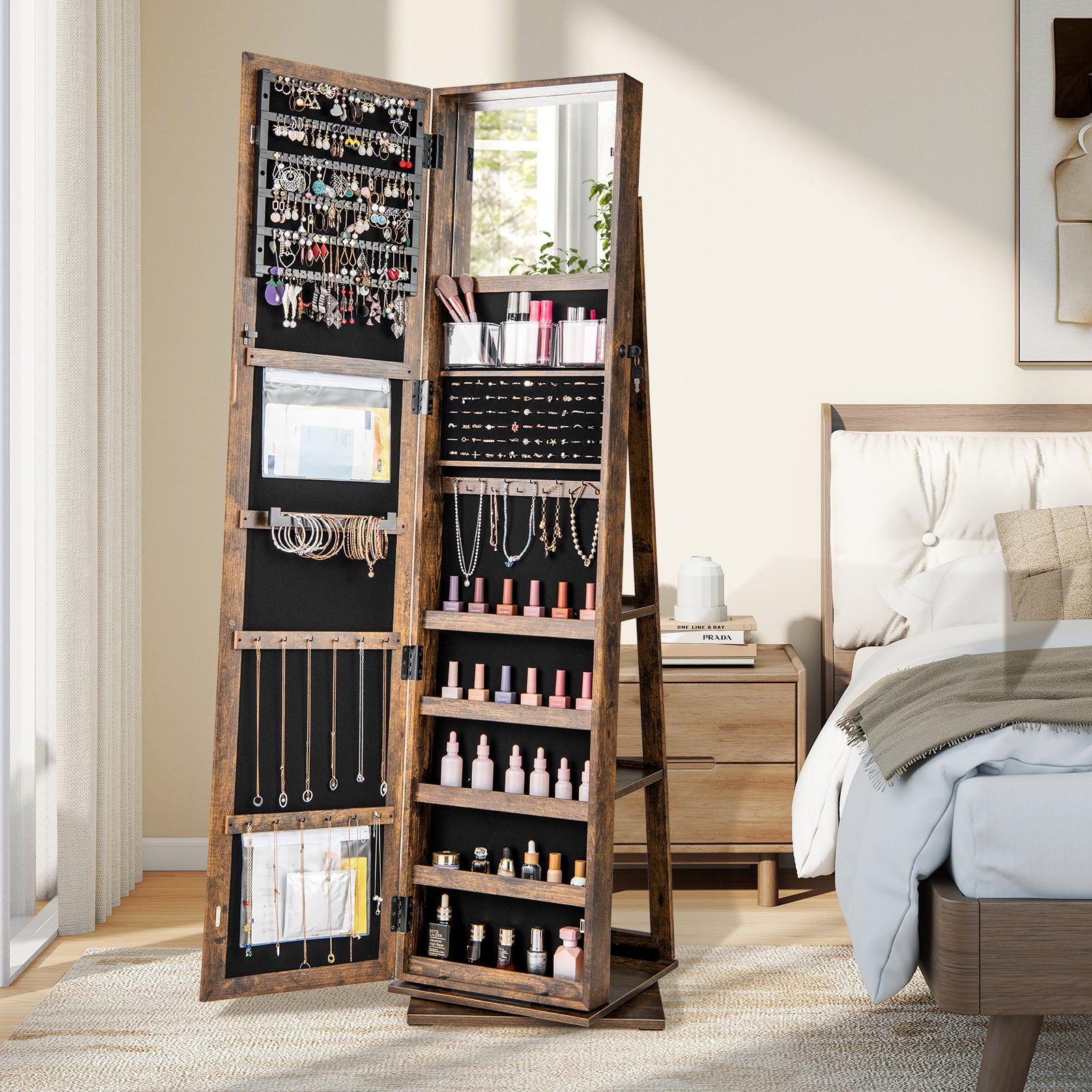 360¬∞ Swivel Jewelry Armoire with Full Length Mirror and Back Shelves-Rustic Brown