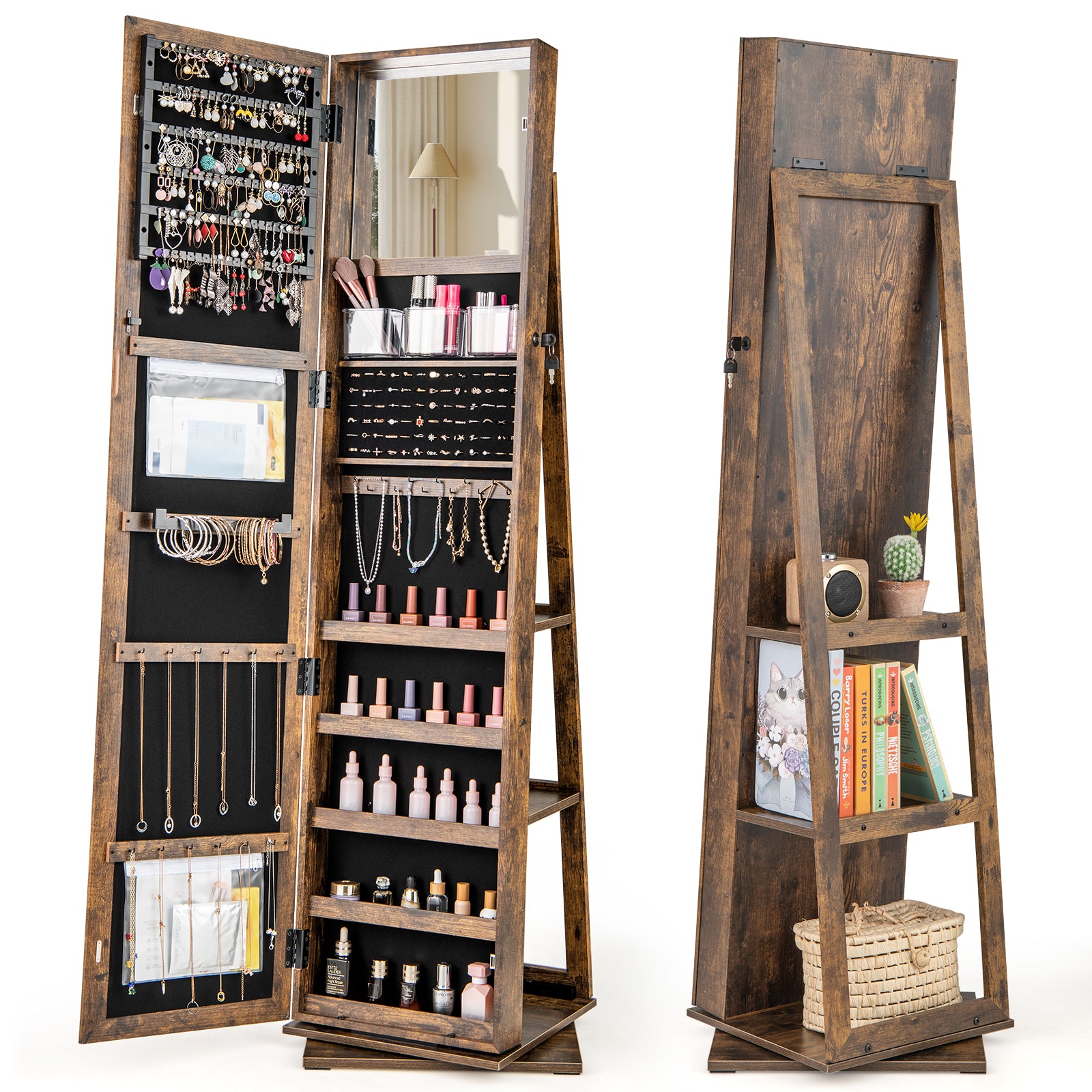 360¬∞ Swivel Jewelry Armoire with Full Length Mirror and Back Shelves-Rustic Brown
