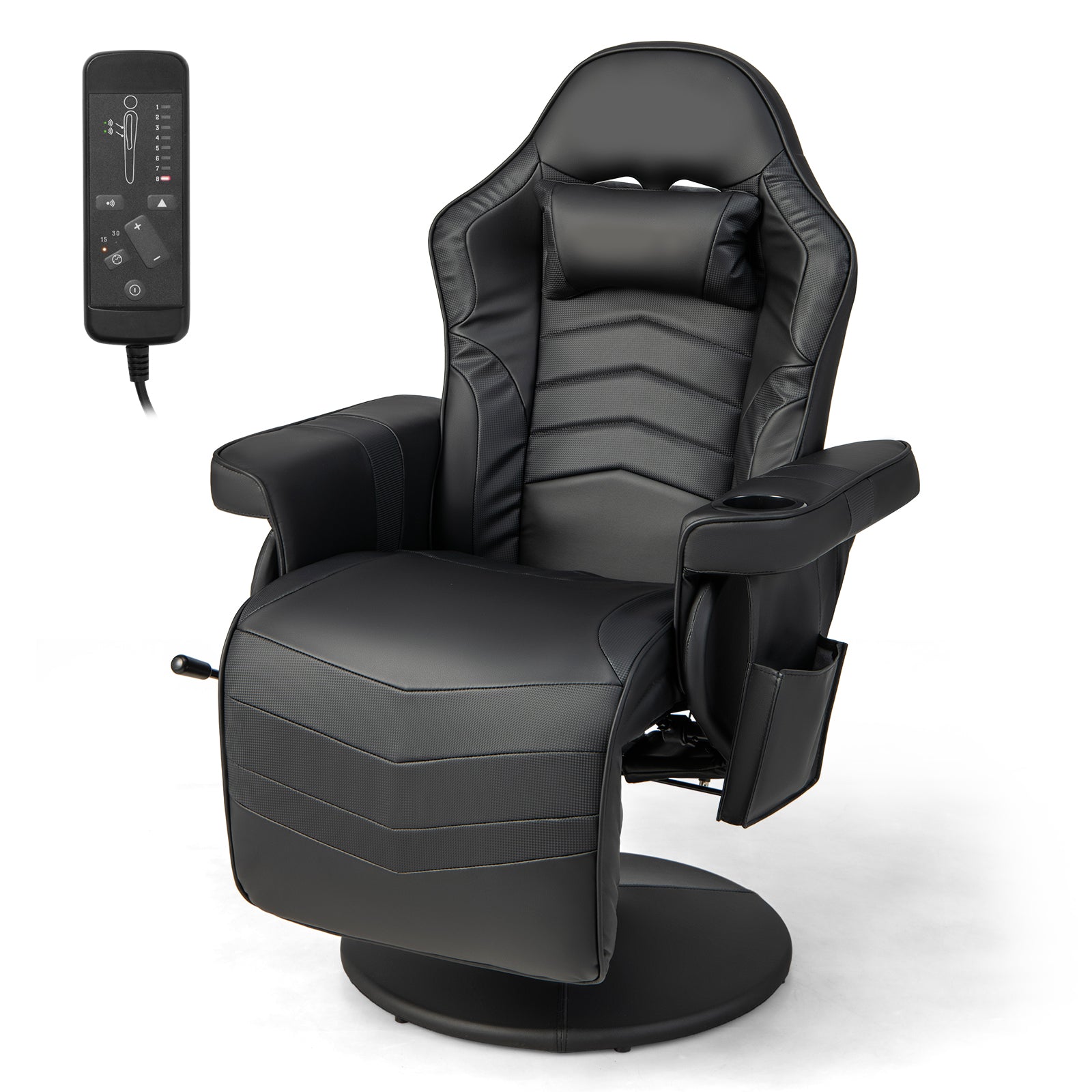 Electric Massage Gaming Chair with Cup Holder and Side Pouch-Black