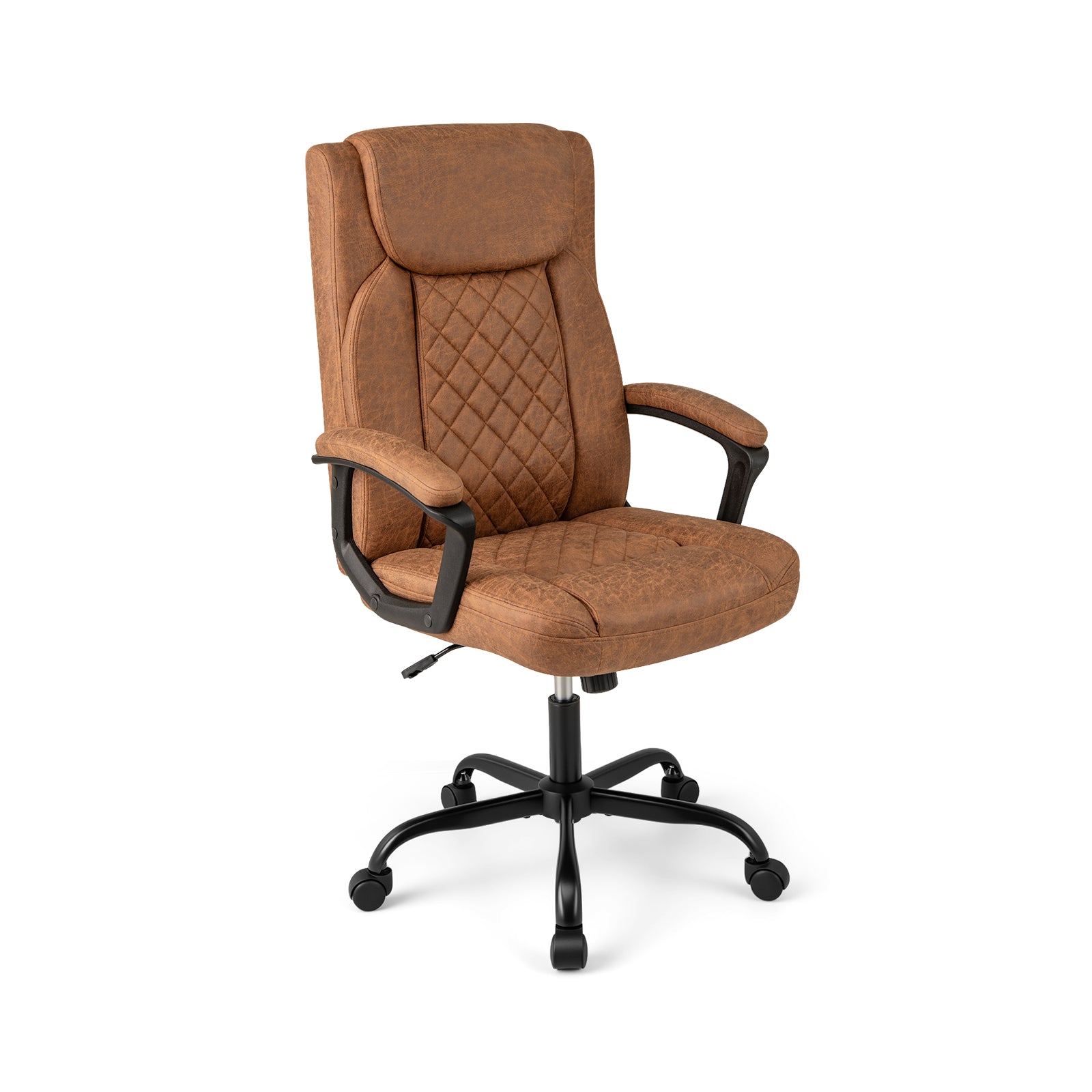 Swivel Office Chair with Padded Armrests and Rolling Metal Base-Brown